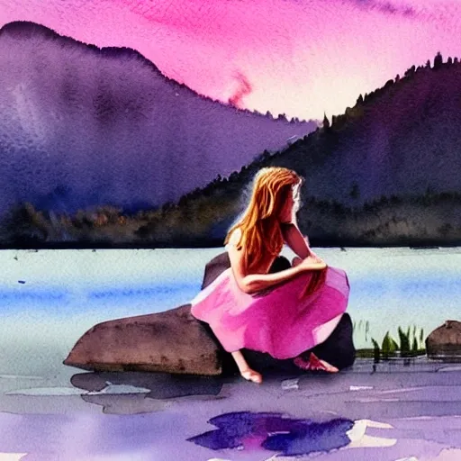 watercolor painting of flowers by the lake, dramatic lighting, peaceful, girl sitting