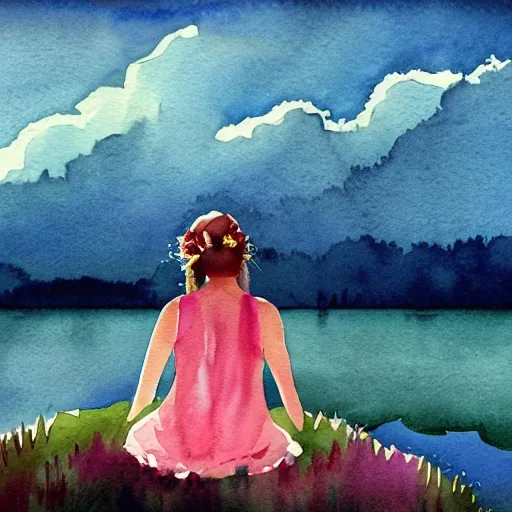 watercolor painting of flowers by the lake, dramatic lighting, peaceful, girl sitting