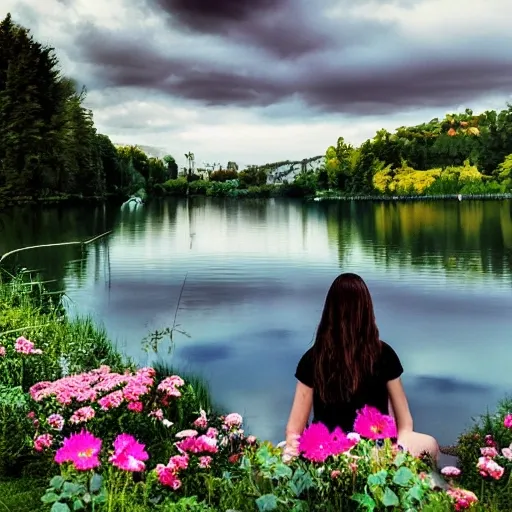  flowers by the lake, dramatic lighting, peaceful, girl sitting