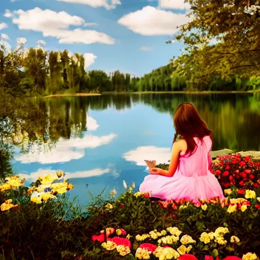  flowers by the lake, dramatic lighting, peaceful, girl sitting, Cartoon, Cartoon