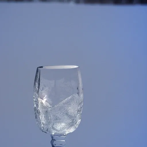 goblet with a lot of ice, front view in winter landscape. 