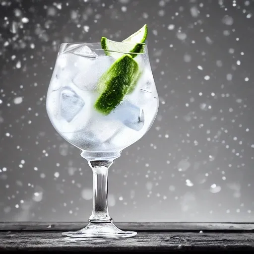 Glovet with gin and tonic, photorealistic, with winter background