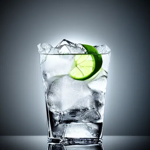 Glovet with ice and gin and tonic, photorealistic, with winter background,, 3D