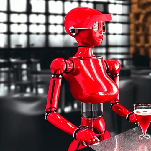 robot barwoman, red hair, sexy body. serving a drink in a glass. futuristic environment  3D