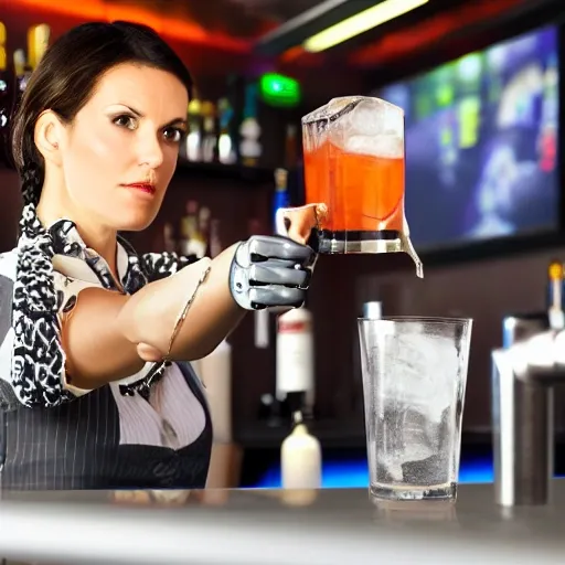 barwoman realistic human, american plane, with detailing robotic arm, looking ahead, serving a drink in a glass. futuristic environment