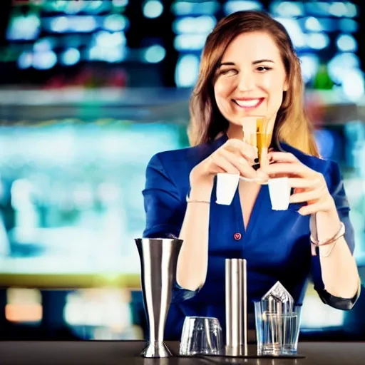 barwoman with detailing robotic arm, looking ahead, smile, american plane,  , serving a drink in a glass goblet. futuristic environment