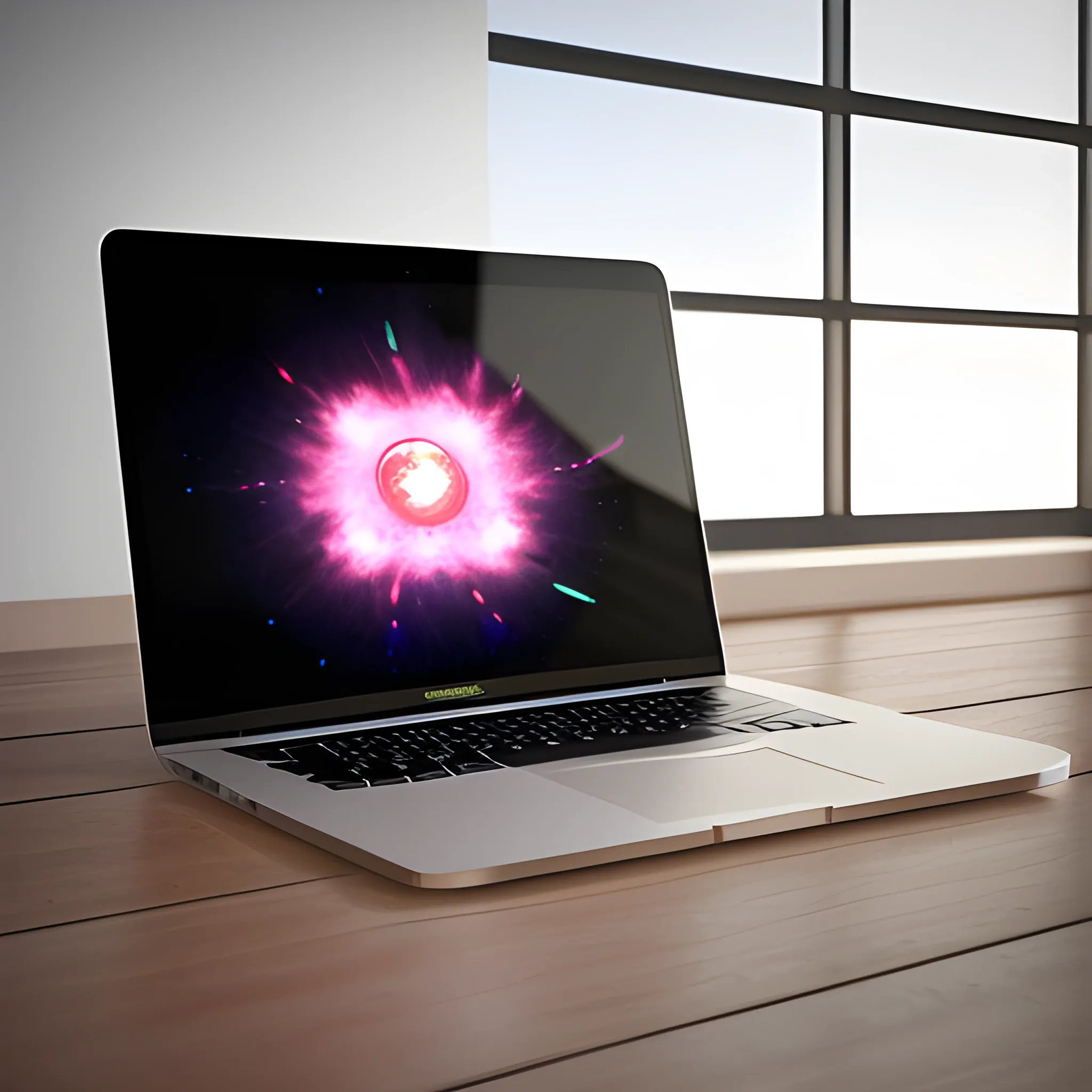 photorealistic image of a macbook with bloom effect, unreal engine, 3d