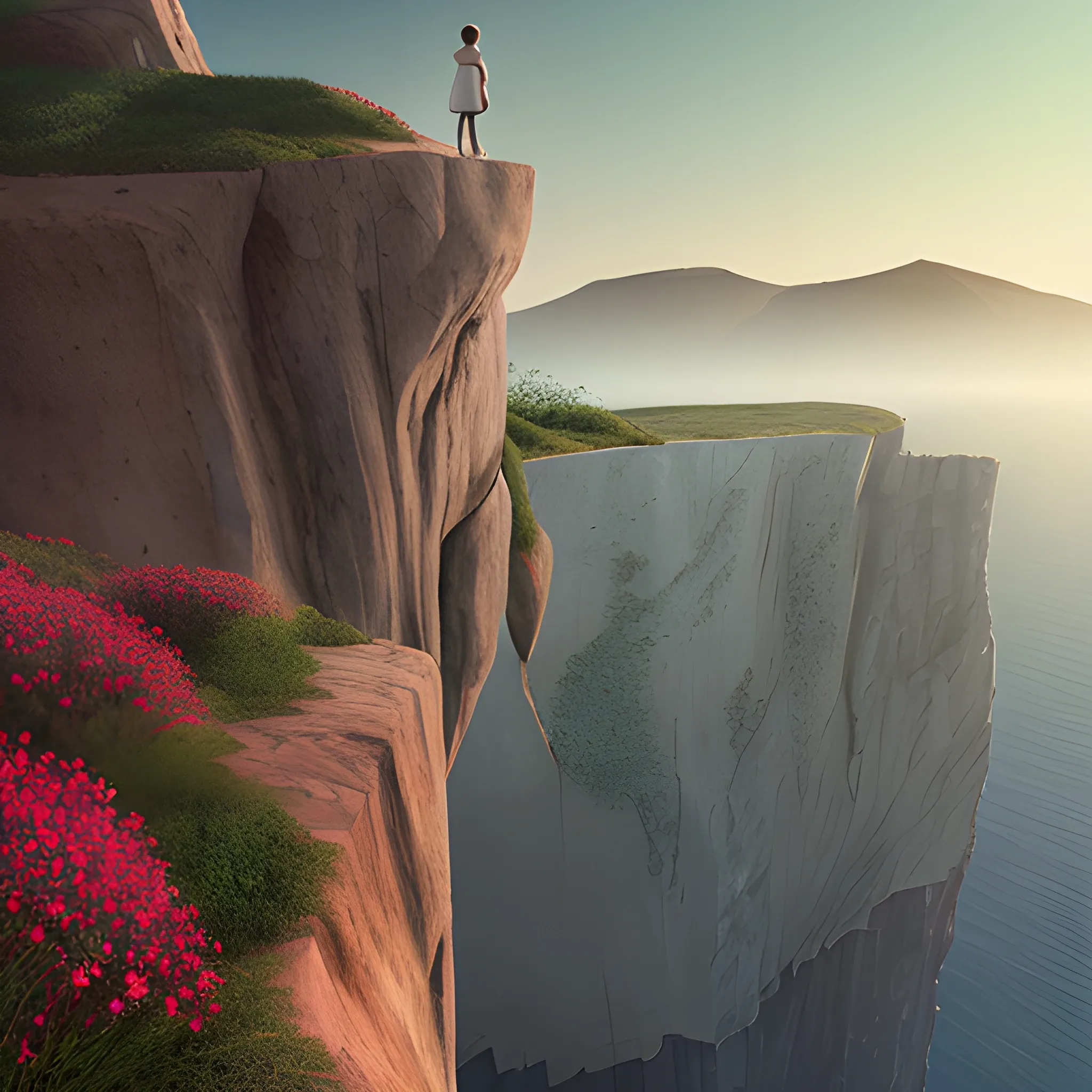 person standing on a cliff looking to a beautiful landscape, digital art
, 3D