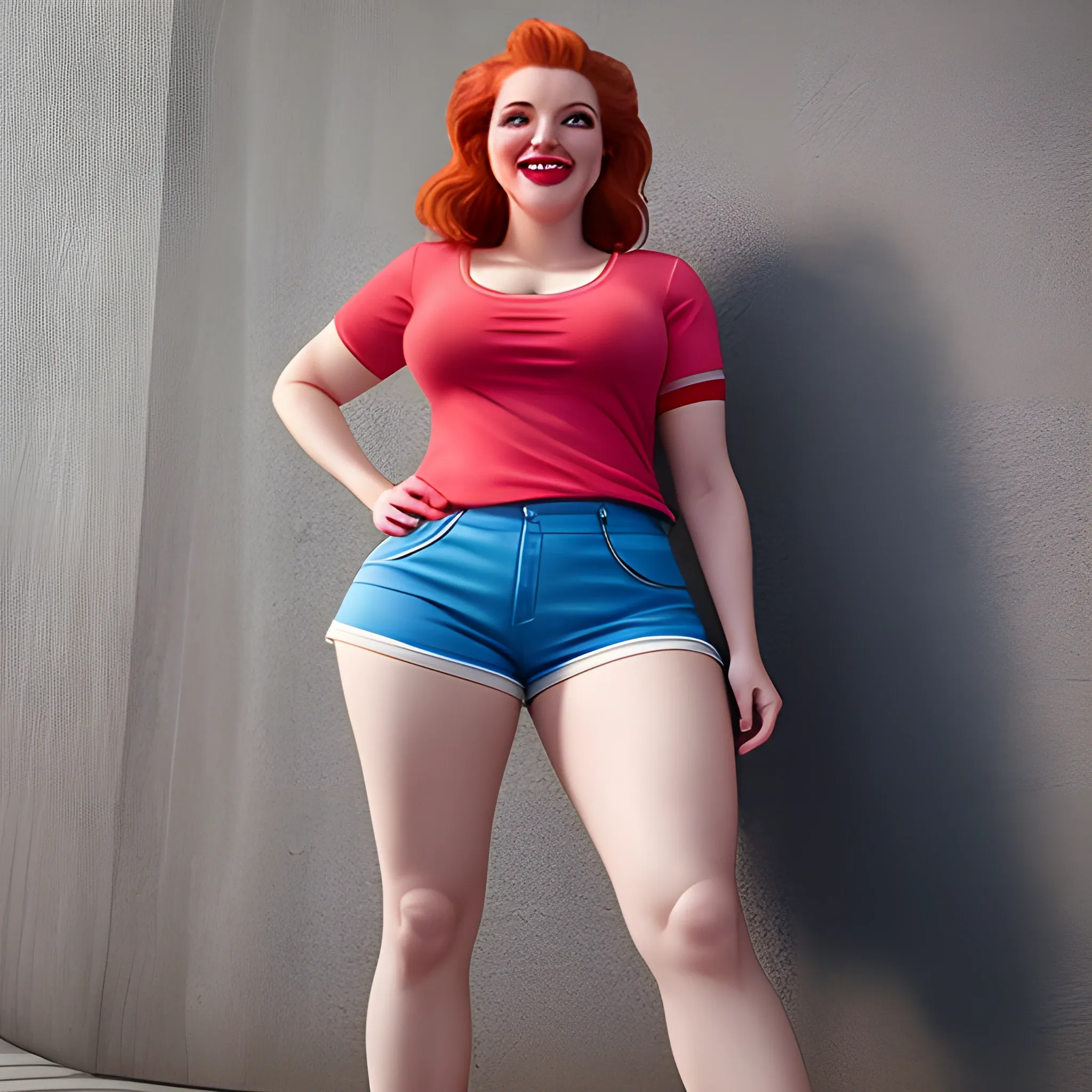 german woman with curvy body, {full body shot:from below shot}, cinematic composition, extreme detail, red lips, pink shirt, blue shorts, brown shoes, red hair, smiling, metahuman
