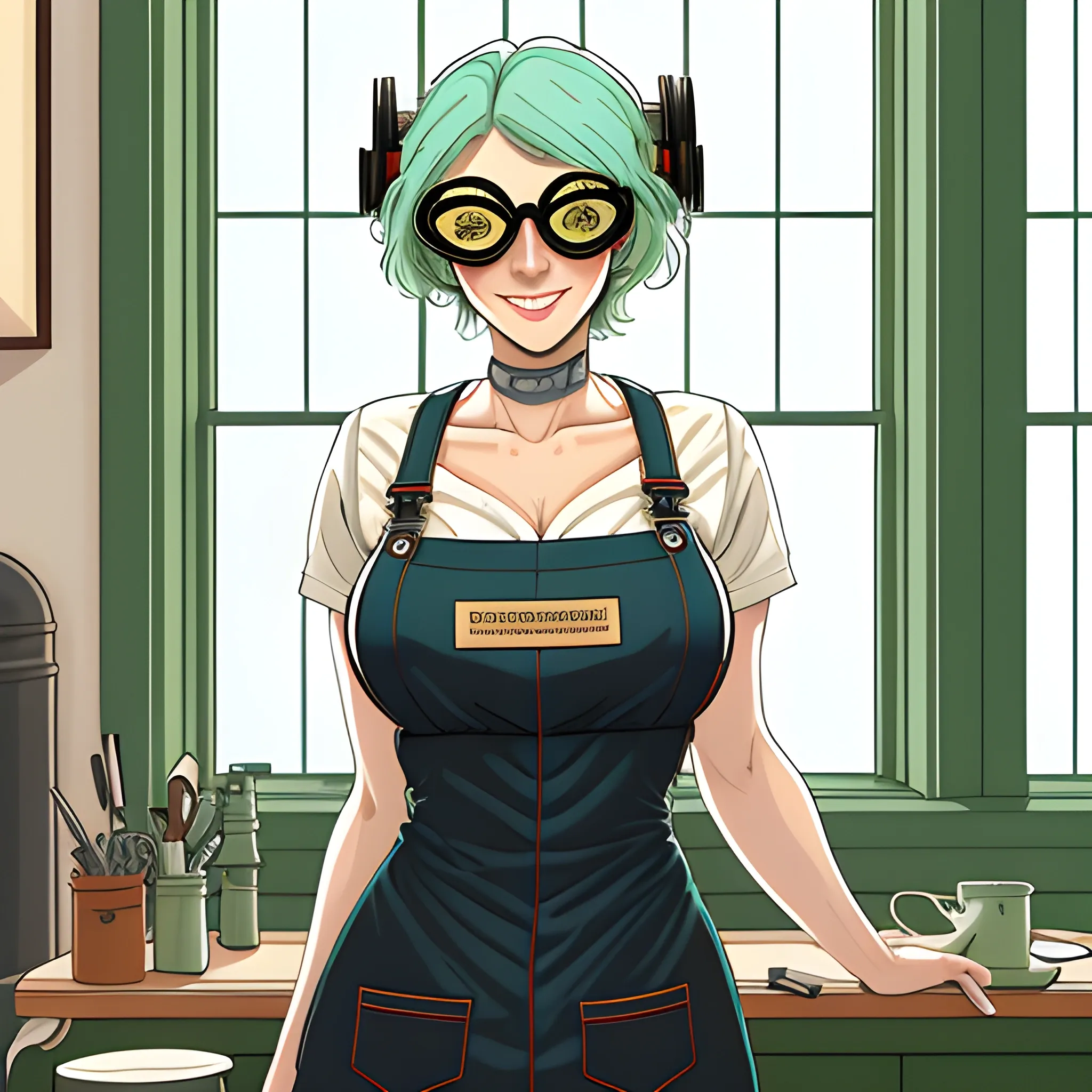 best quality, (masterpiece:1.2), illustration, absurdres, (1girl), (solo), (beautiful detailed girl), cowboy shot, <lora:Mint-07:0.8>, Mint, green hair, red eyes, small breasts, thin, petite, goggles on forehead, goggles on hair,black vest, (brown apron:1.2), blue sneakers, green pants,(engineer, mechanic:1.1),tool belt, tool apron, (blush:1.2), smile, (looking at viewer), inside bedroom, on bed, sitting, spread legs, (agura:1.1), window, curtains,