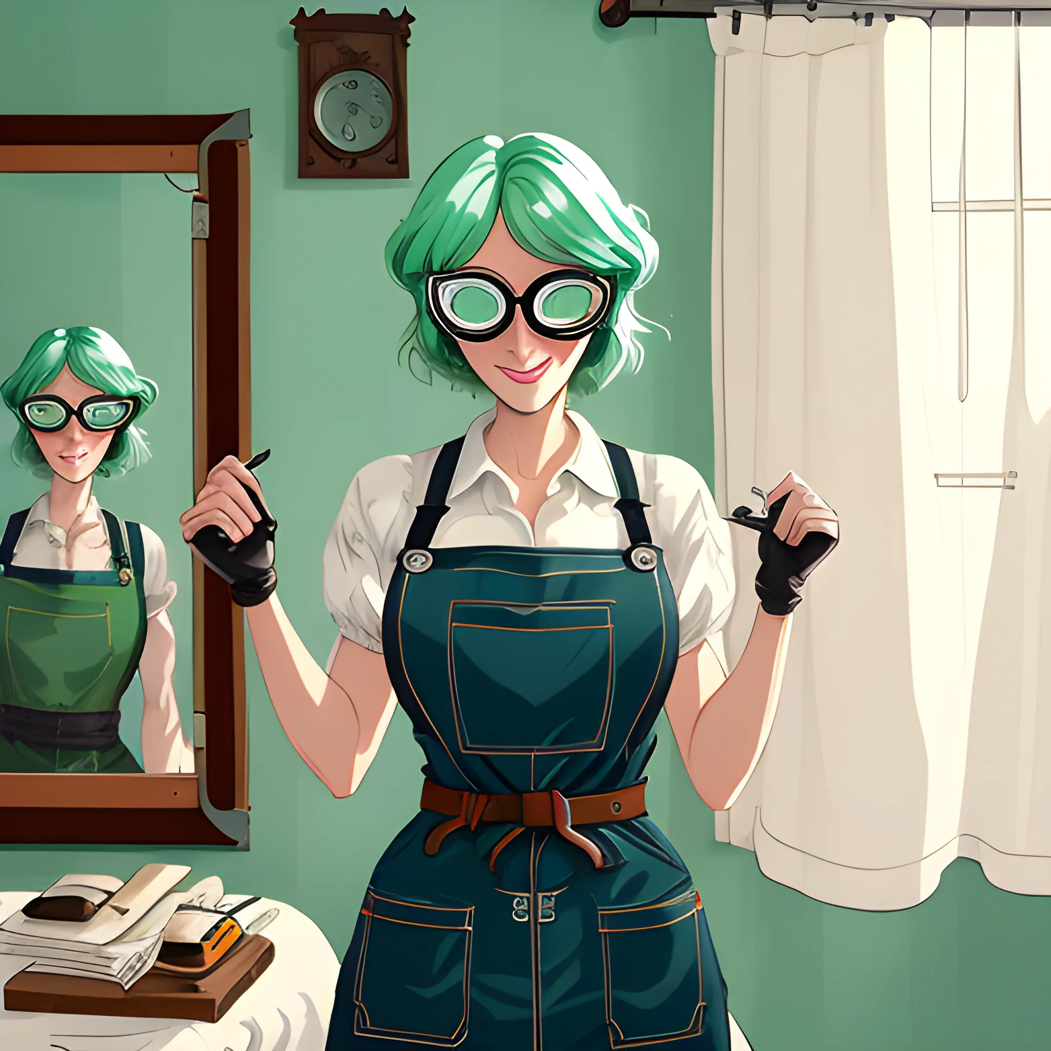 best quality, (masterpiece:1.2), illustration, absurdres, (1girl), (solo), (beautiful detailed girl), cowboy shot, <lora:Mint-07:0.8>, Mint, green hair, red eyes, small breasts, thin, petite, goggles on forehead, goggles on hair,black vest, (brown apron:1.2), blue sneakers, green pants,(engineer, mechanic:1.1),tool belt, tool apron, (blush:1.2), smile, (looking at viewer), inside bedroom, on bed, sitting, spread legs, (agura:1.1), window, curtains,