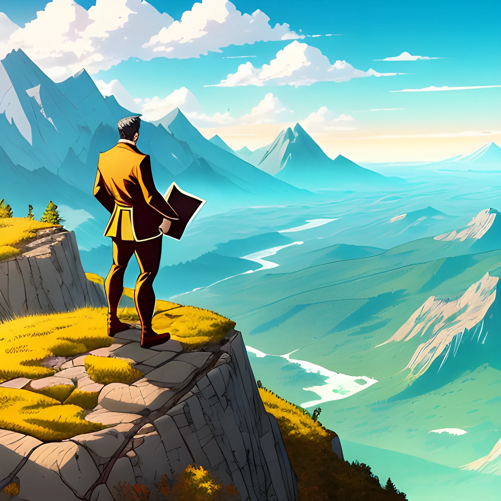 A young man with a map in hand stands on a mountaintop, looking out at the vast landscape below. a gleaming chest with Golden coins is on another mountain / anime