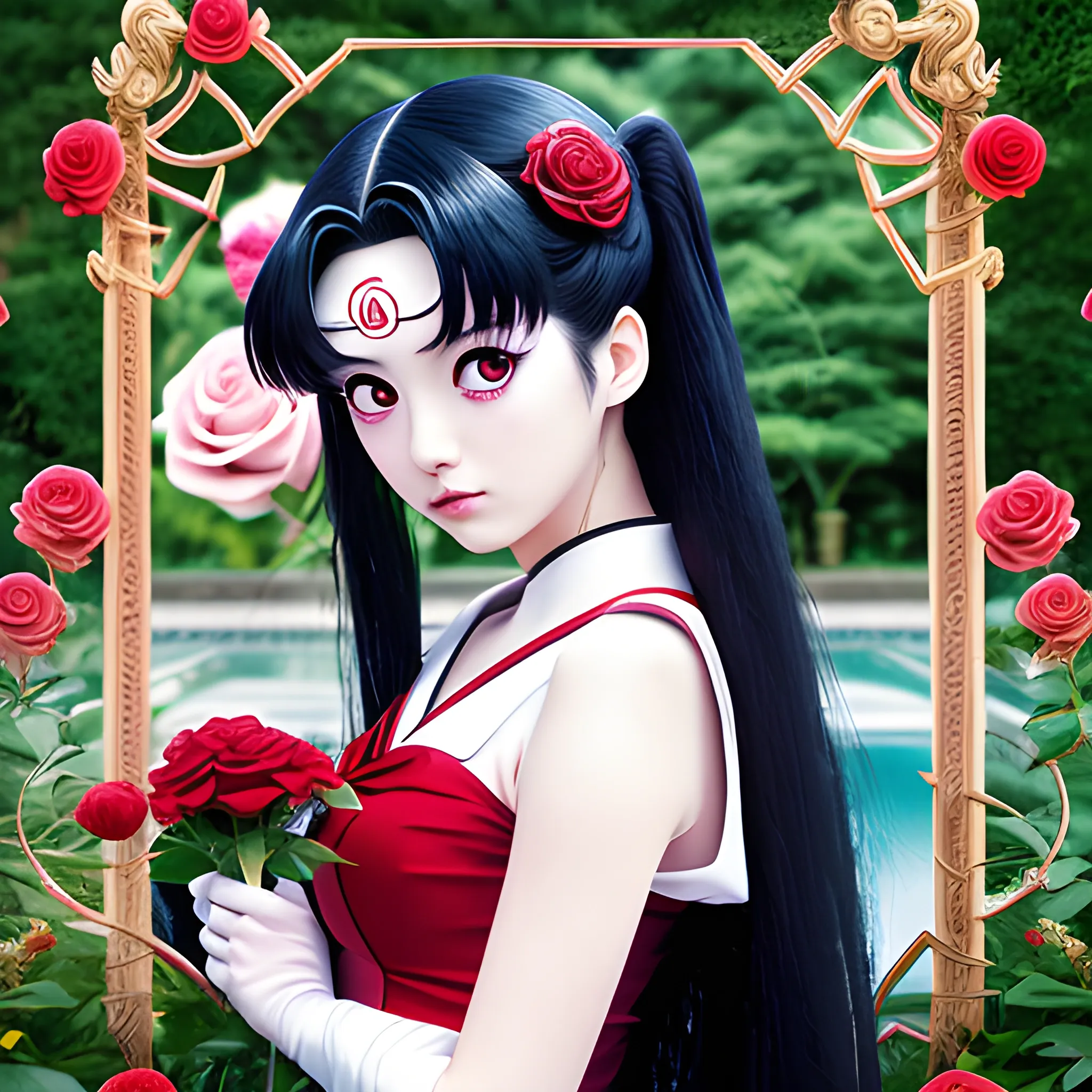 Japanese anime Sailor Moon, sideways, Garden background, wavy long black hair, holding a red rose,Eyes on the rose,Smelling the roses,Stand by the pool,Mirror reflection in wateraward,face parts, face details like eyes, lips etc,winning studio photography, professional colour grading, soft shadows, no contrast, clean sharp focus, Cartoon