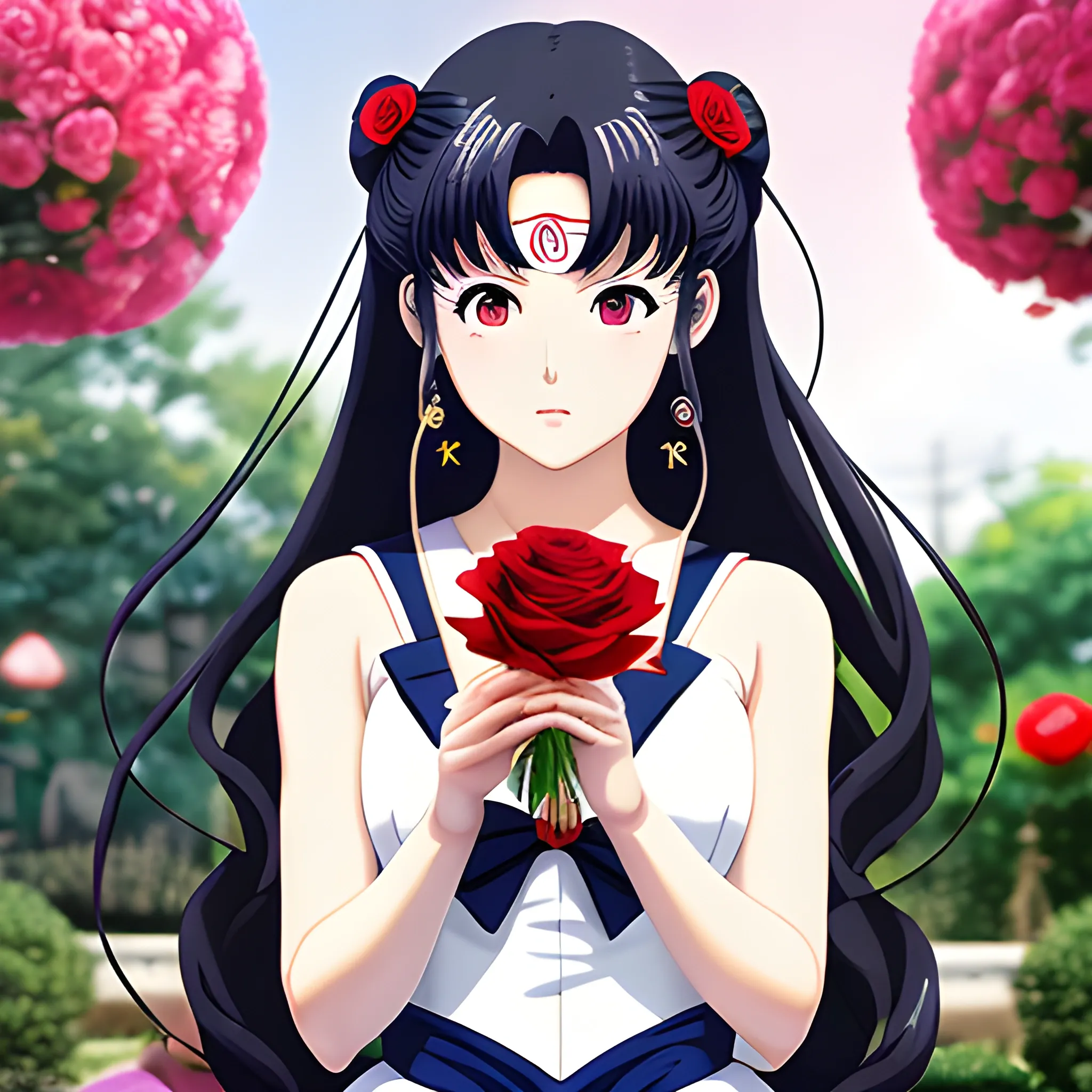 Japanese anime Sailor Moon, sideways, Garden background, wavy long black hair, holding a red rose,Eyes on the rose,Smelling the roses,Stand by the pool,Mirror reflection in wateraward,face parts, face details like eyes, lips etc,winning studio photography, professional colour grading, soft shadows, no contrast, clean sharp focus, Cartoon, anime