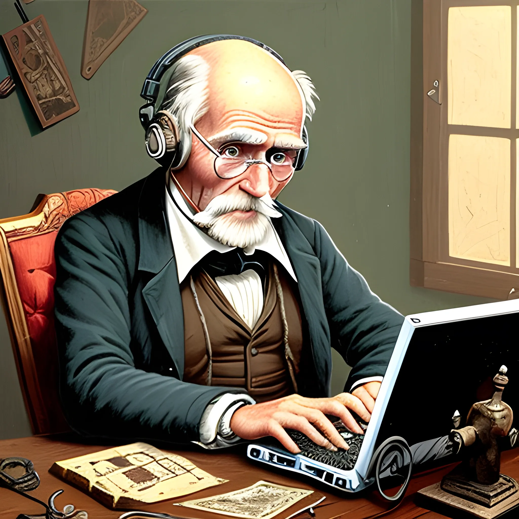 Old man from 1800s traying to use some techonology gadgtes as computer, head phones, video games, Cartoon, Comic Book, Old Paint