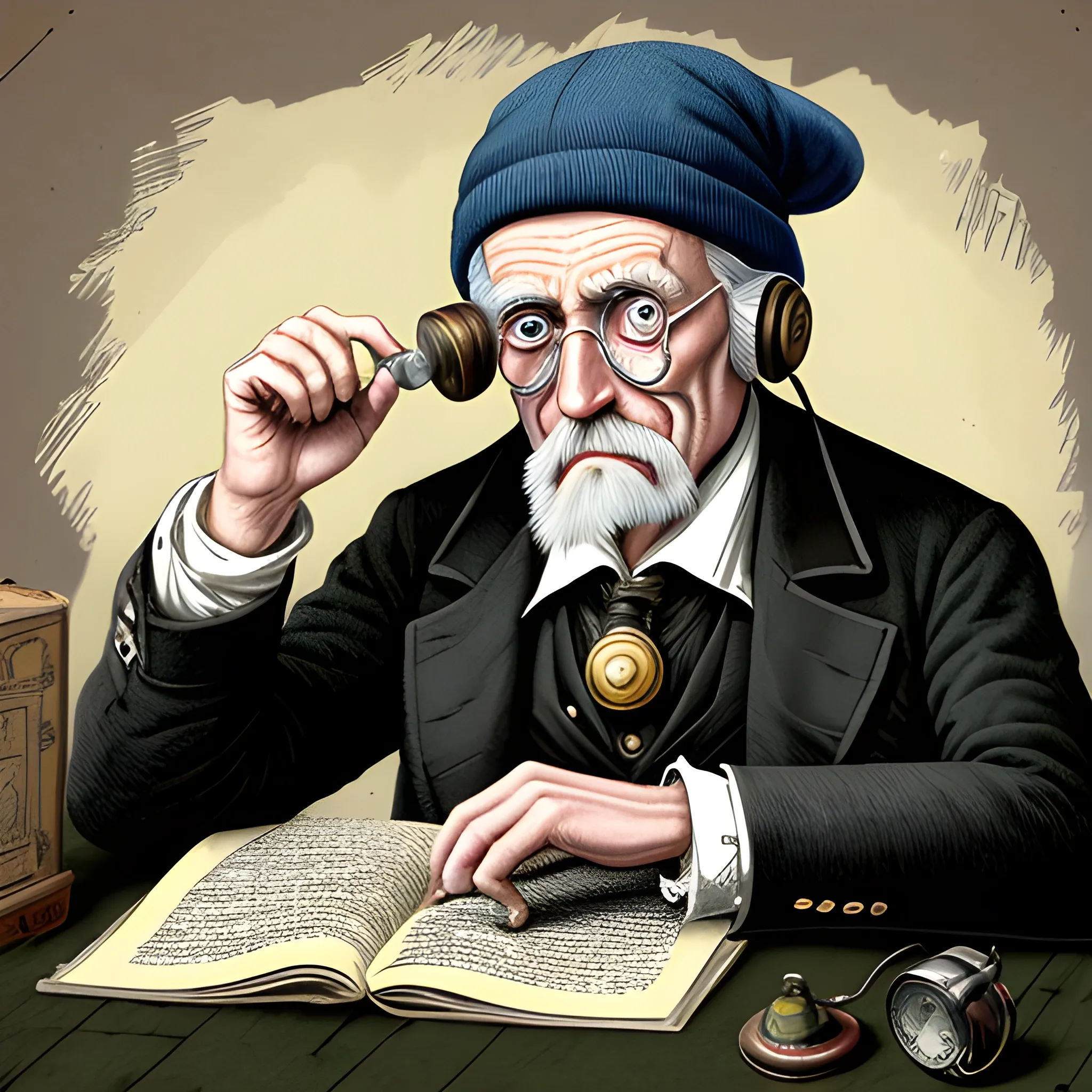 Old man from 1800s wearing a monocle and a beanie
 looking confused traying to use some techonology gadgtes as computer, head phones, video games. Put and old watch wiht comic eyes on the table as well, Cartoon, Comic Book, Old Paint, Cartoon