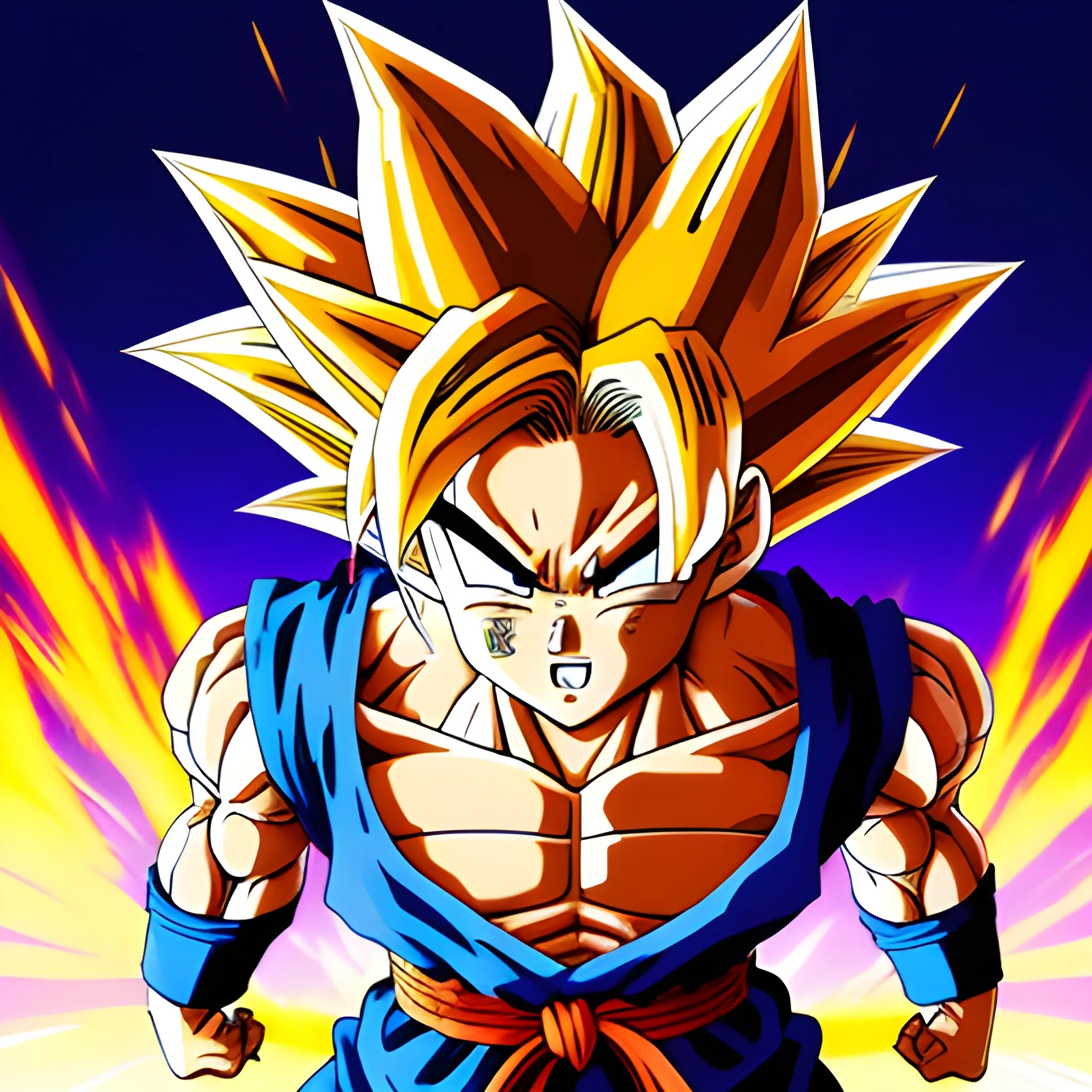 Goku stands in a fighting stance, with an intense, concentrated look on his face. His messy black hair rises slightly on top of his head, and his body is tense and ready to attack. In the background, a mixture of starry sky and dark clouds can be seen, suggesting that the scene takes place at night. The atmosphere is tense and exciting, as if Goku is about to fight a powerful enemy. The image is created in anime style, with sharp lines and shadows and vibrant colours. As for the camera, the image is shot from below, as if the viewer is looking up at Goku, 3D.