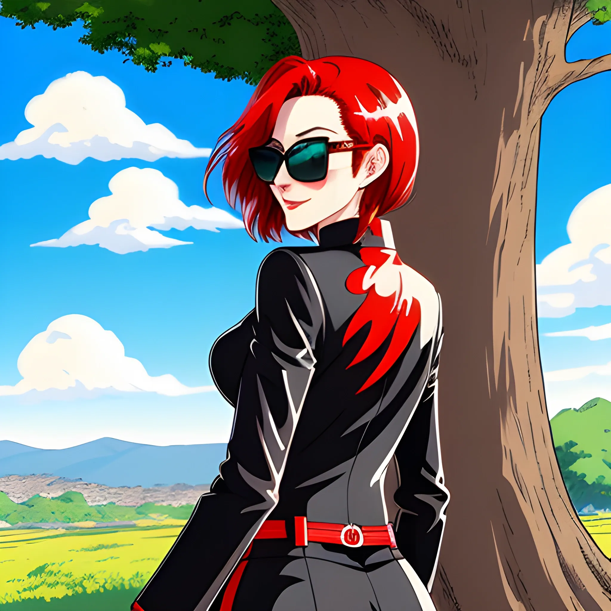 masterpiece, illustration, HD, 18 year old girl, red hair, red eyes, blue blouse, black leather jacket, dark sunglasses on left hand, cute girl, anime style, standing with her back behind a tree, hot day, light sweat, blushing, looking straight ahead, smile.