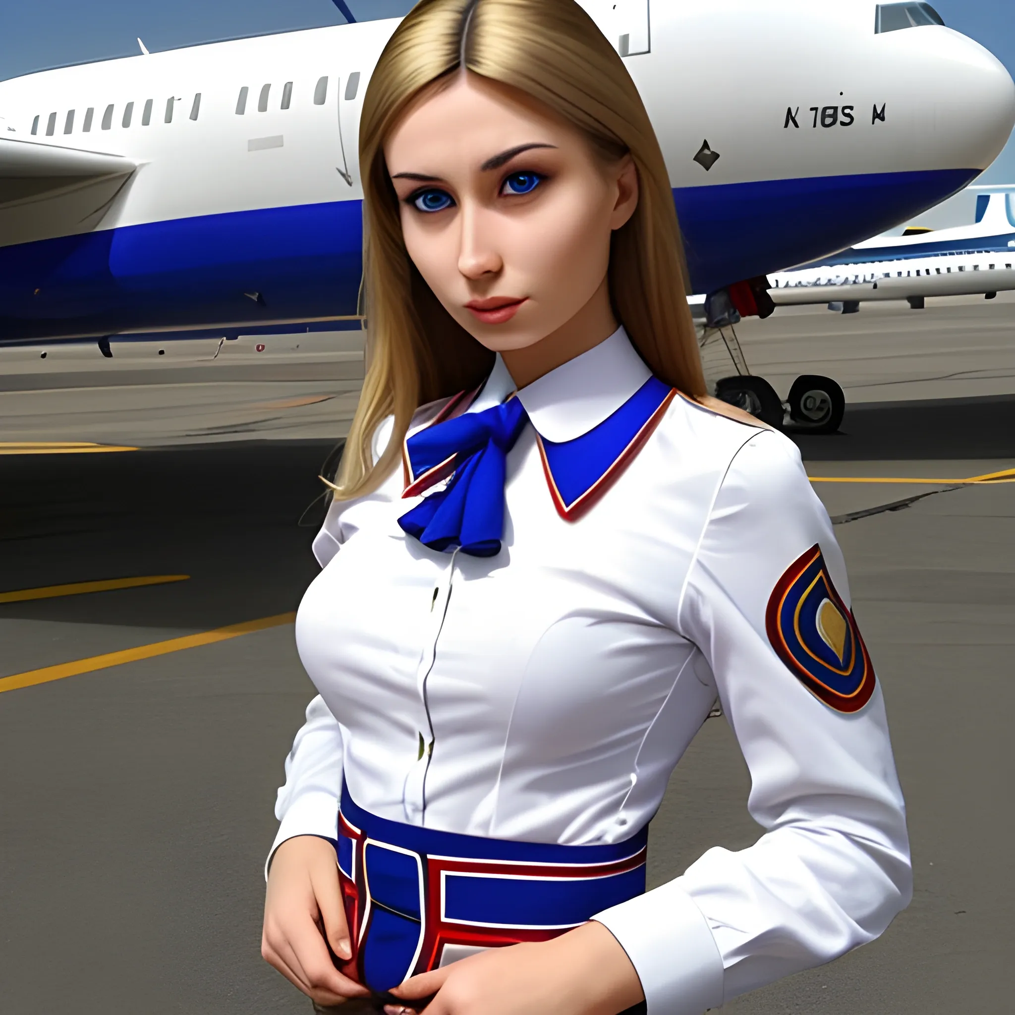 beautiful Russian stewardess, serious face, amazing body,