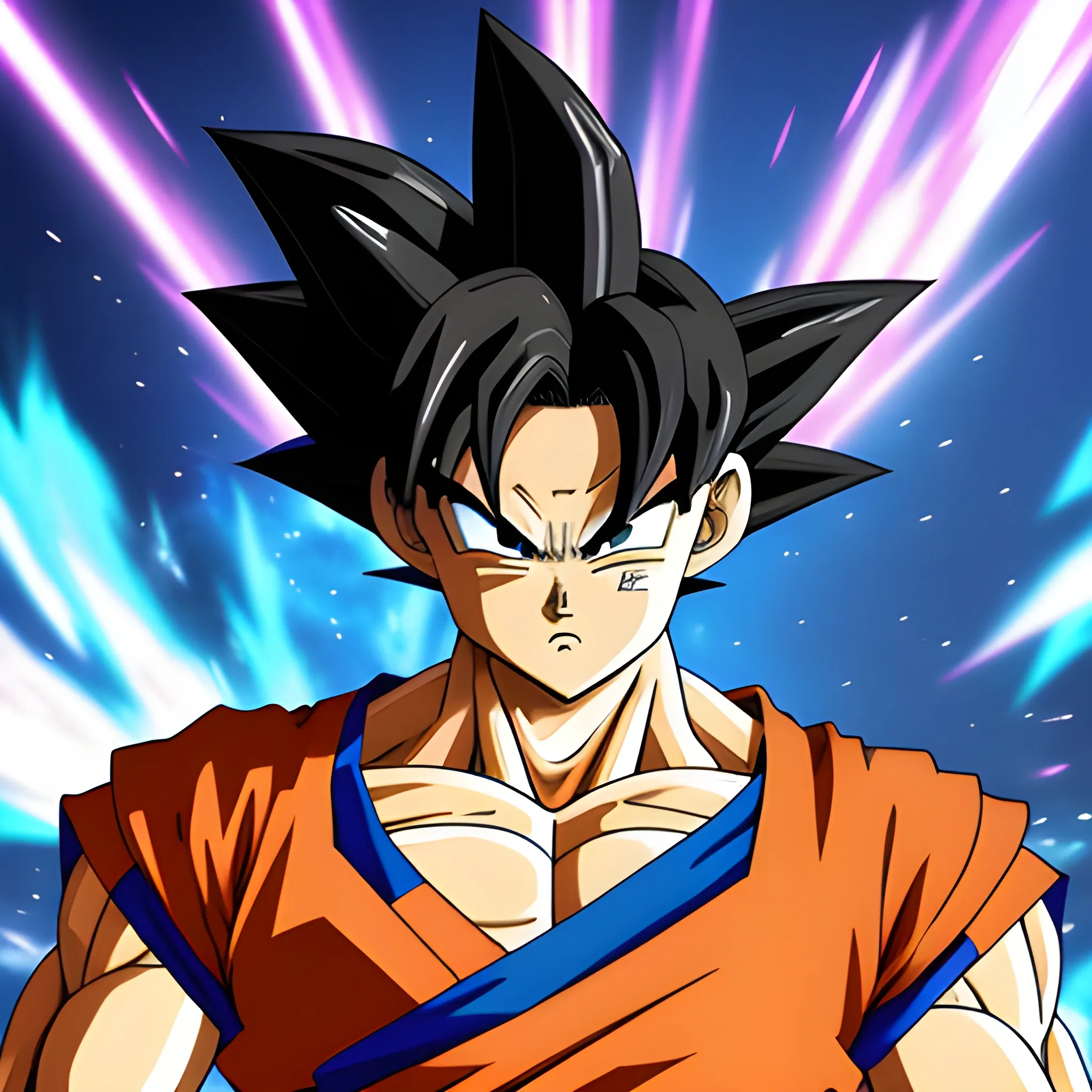 Goku stands in a fighting stance, with an intense, concentrated ...