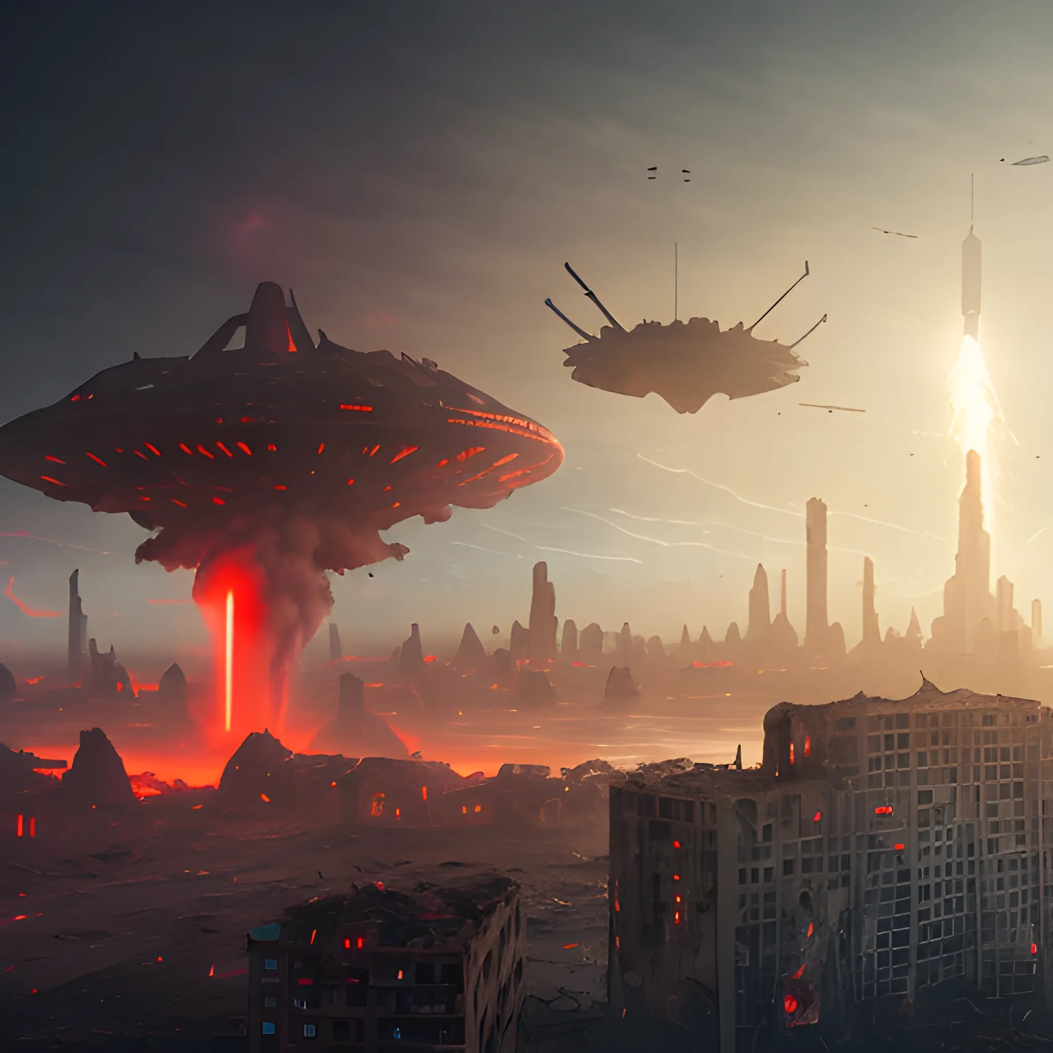 wide shot of a destroyed city with an alien ship hovering over it, misty atmosphere, red beam coming off the ship and exploding a building down below