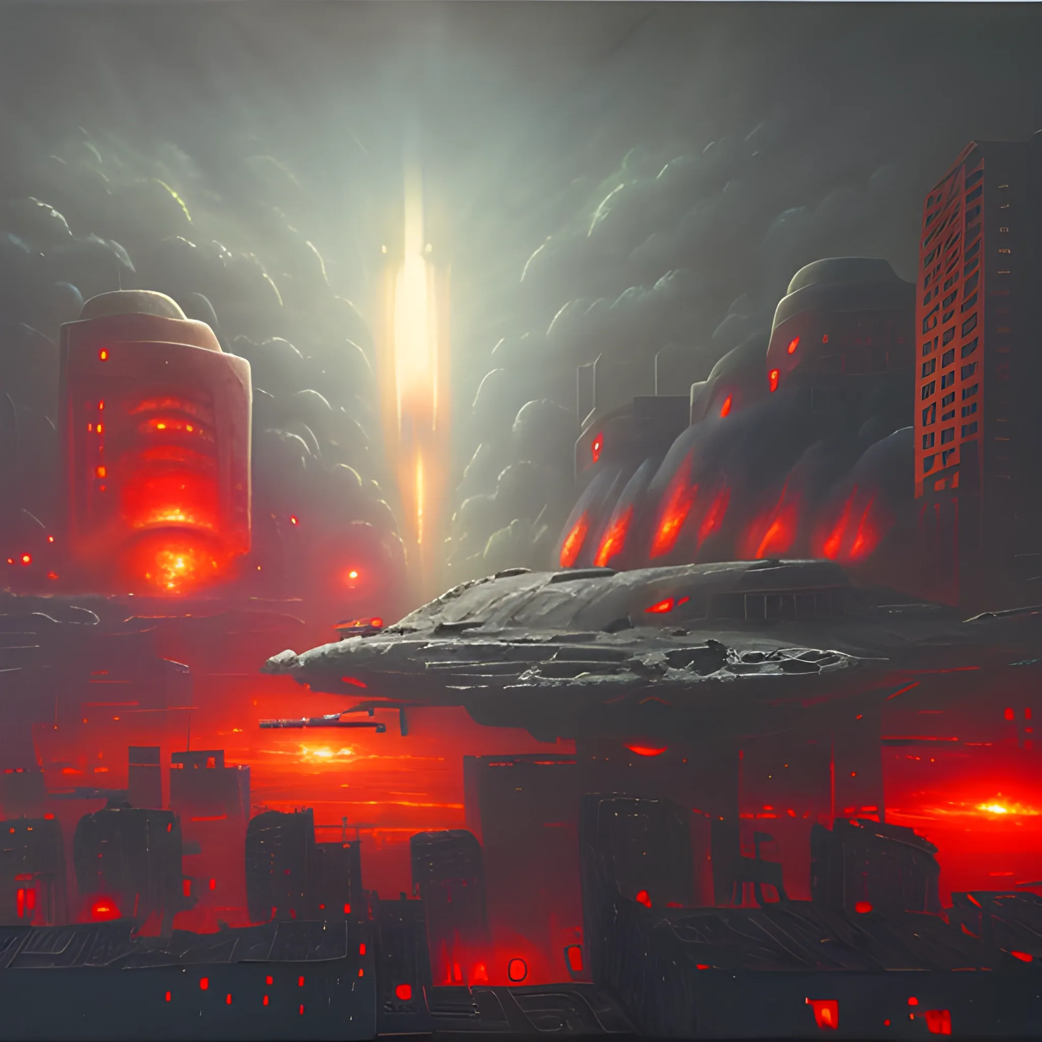 wide shot of a destroyed city with an alien ship hovering over it, misty atmosphere, red beam coming off the ship and exploding a building down below, Oil Painting