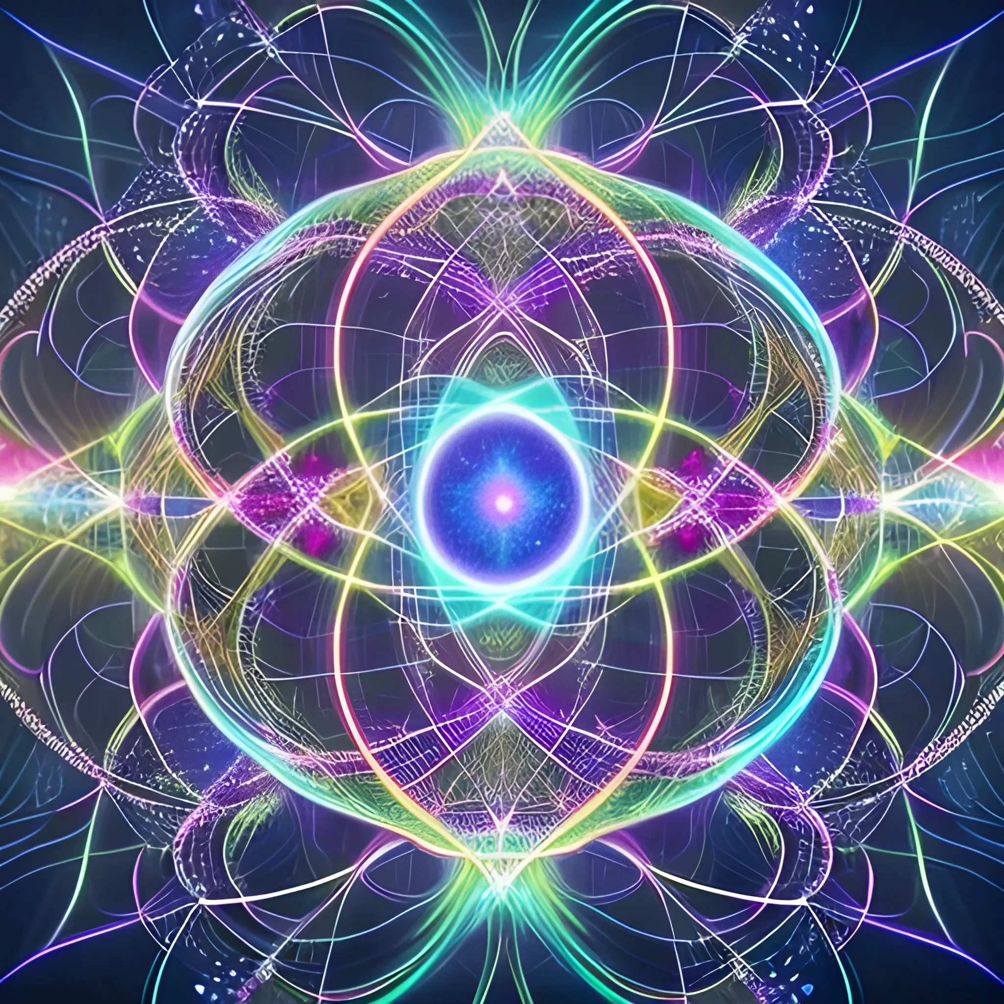 Generate an image merging the quantum realm and string theory. Within an atom, envision cities with ethereal beings of energy in a separate dimension. Show vibrant cities with intricate architecture, reflecting the quantum world. Include vibrating strings connecting the cities, forming a cosmic web within the atom. Capture the harmony between inhabitants, quantum nature, and interplay of strings in this mesmerizing realm.
