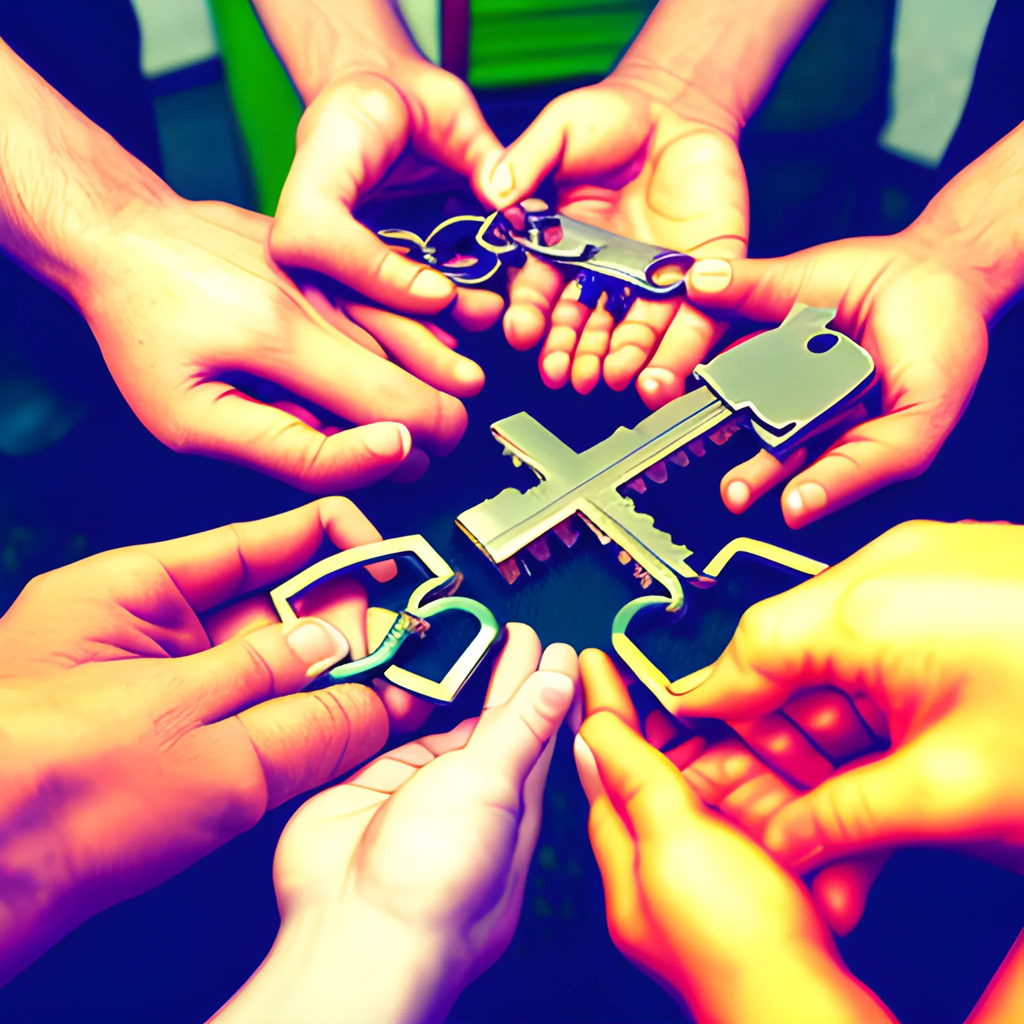 social recovery, a person share his keys with his 3 friends, they hold the keys in hands, 3D