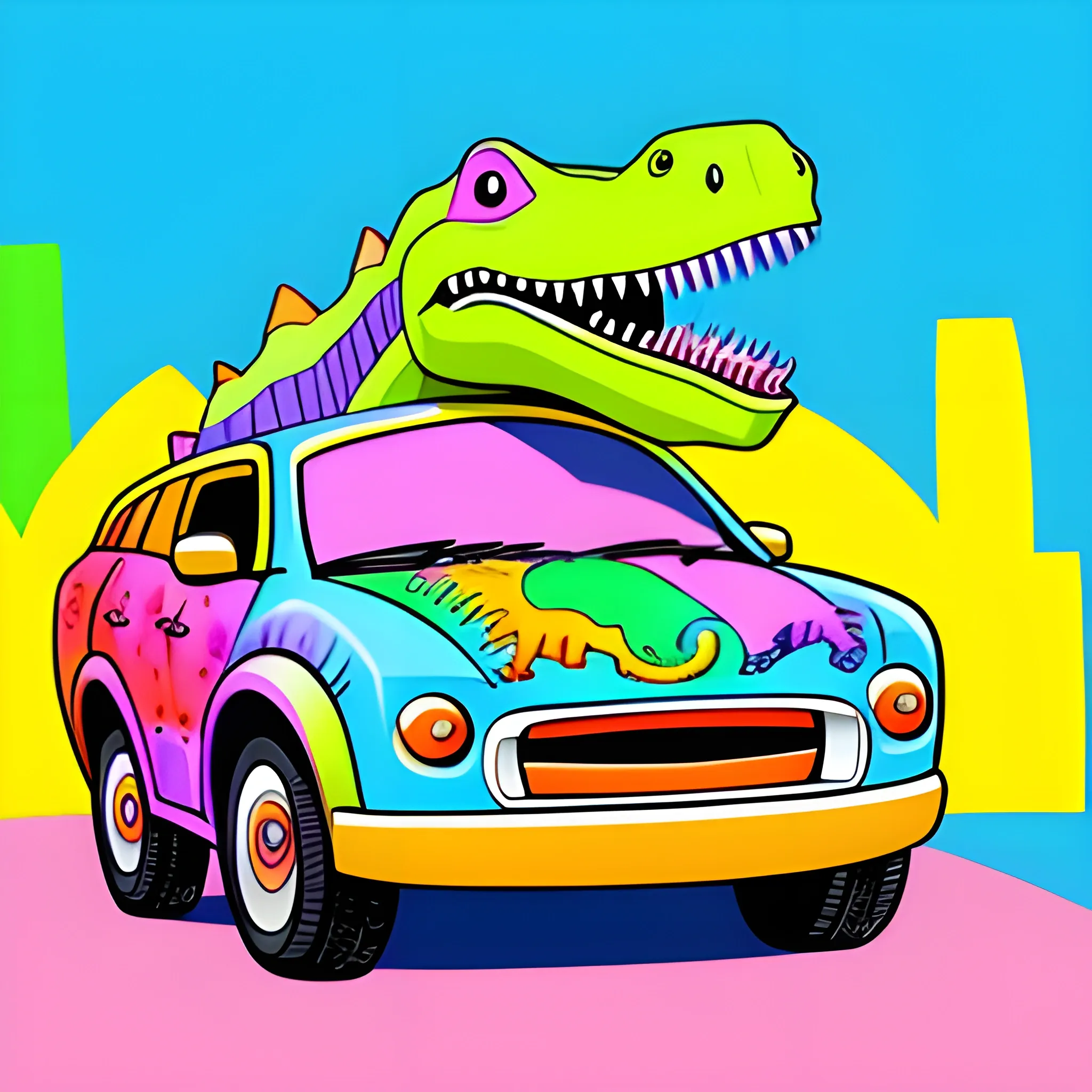 A funny smiling dinosaur into a colorful and happy car to paint