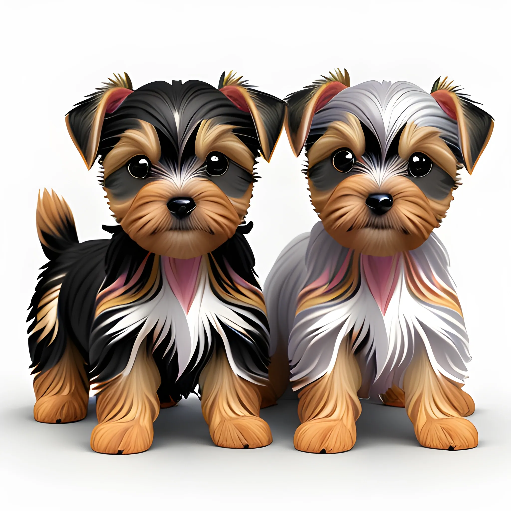 3D multicolor yorky puppies, on white background HD. 24K., 3D