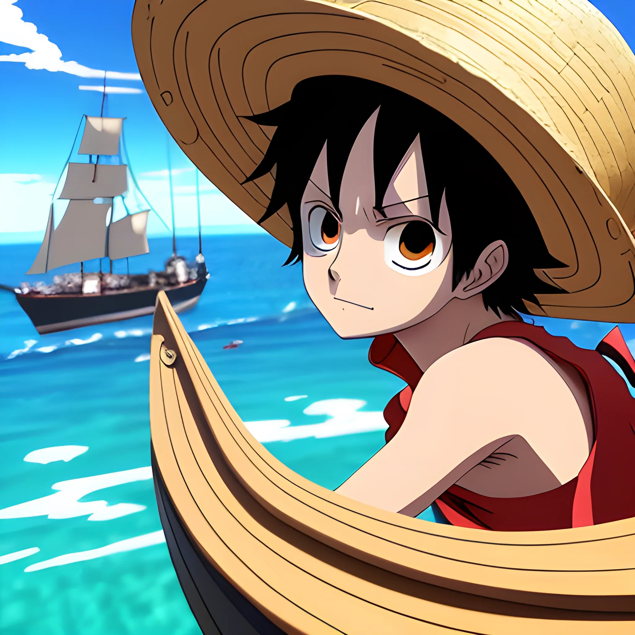 Lufy is in a fighting stance, with an intense, focused look on his face. His messy black hair and straw hat, ready to strike. In the background, you can see his boat and his traplation, suggesting that the scene takes place at night. The atmosphere is tense and exciting, as if Lufy is about to fight a powerful enemy. The image is created in an anime style, with sharp lines and shadows and vibrant colours. As for the camera, the image is shot from the bottom up, as if the viewer is looking at Lufy, in 3D. One Piece.