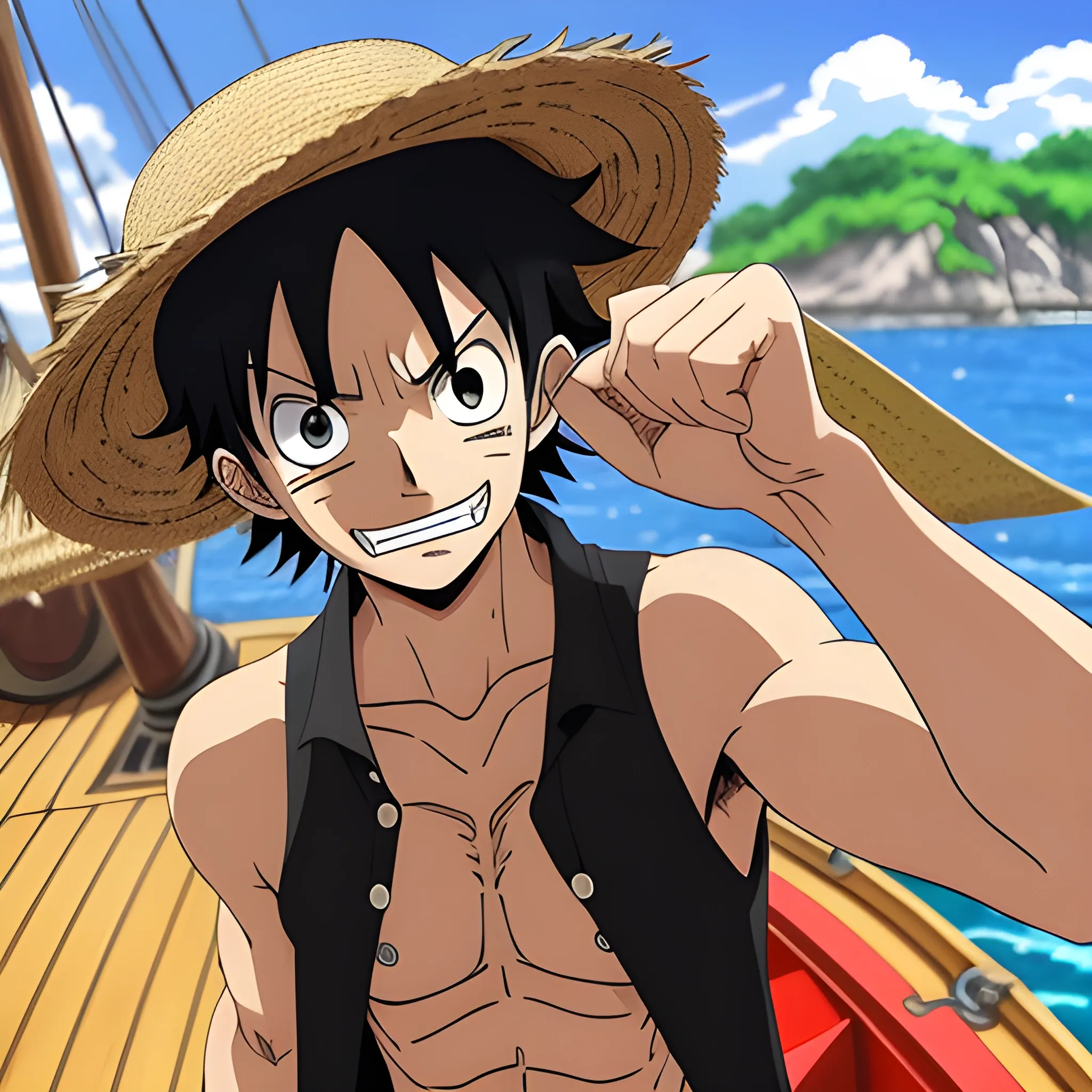 Lufy is in a fighting stance, with an intense, focused look on his face. His messy black hair and straw hat, ready to strike. In the background, you can see his boat and his traplation, suggesting that the scene takes place at night. The atmosphere is tense and exciting, as if Lufy is about to fight a powerful enemy. The image is created in an anime style, with sharp lines and shadows and vibrant colours. As for the camera, the image is shot from the bottom up, as if the viewer is looking at Lufy, in 3D. One Piece. Lufy is a man.
