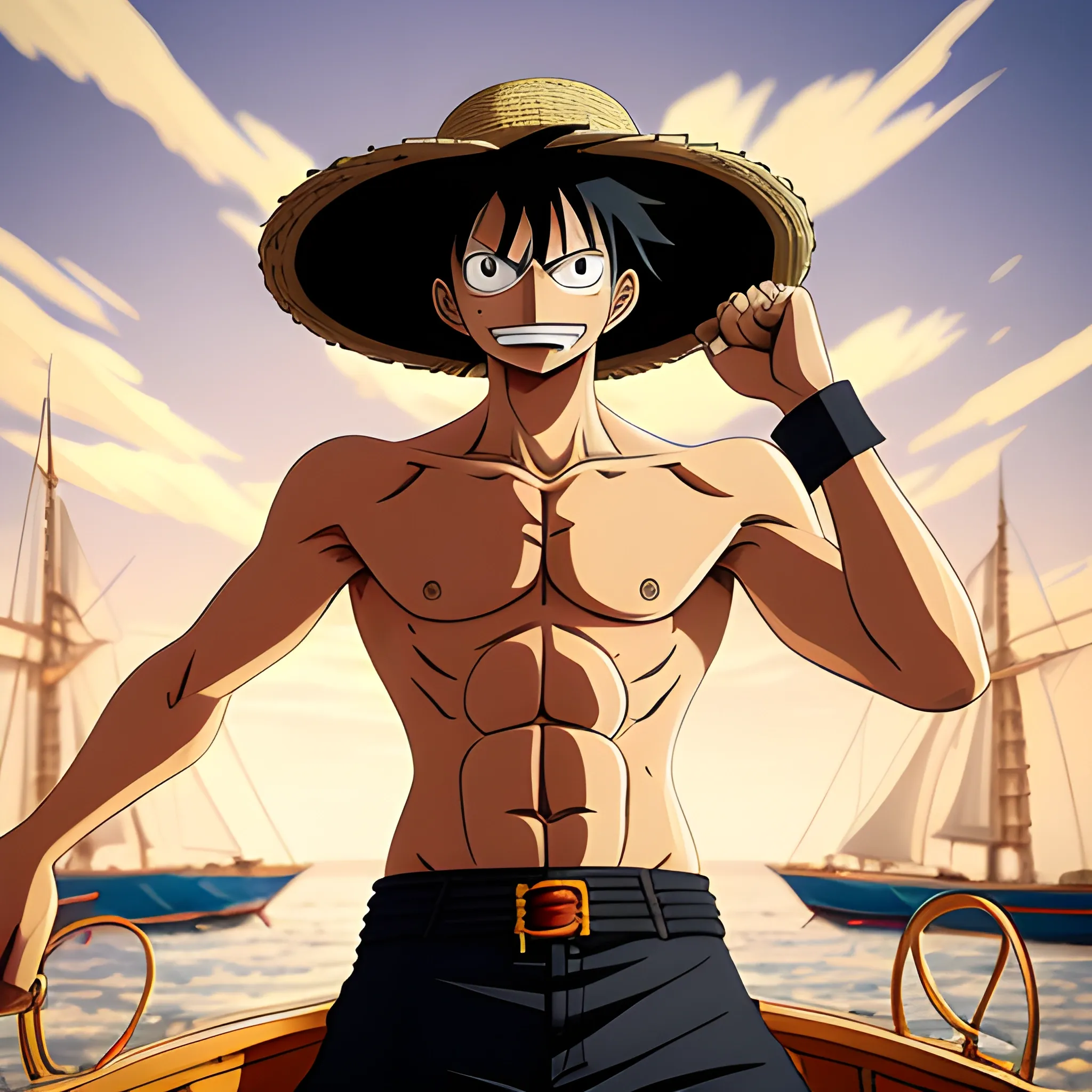 Lufy is a man in a fighting stance, with an intense, focused look on his face. His messy black hair and straw hat, ready to strike. In the background, you can see his boat and his traplation, suggesting that the scene takes place at night. The atmosphere is tense and exciting, as if Lufy is about to fight a powerful enemy. The image is created in a style of anime called One Piece, with crisp lines and shadows and vibrant colours. As for the camera, the image is shot from the bottom up, as if the viewer is looking at Lufy, in 3D. 