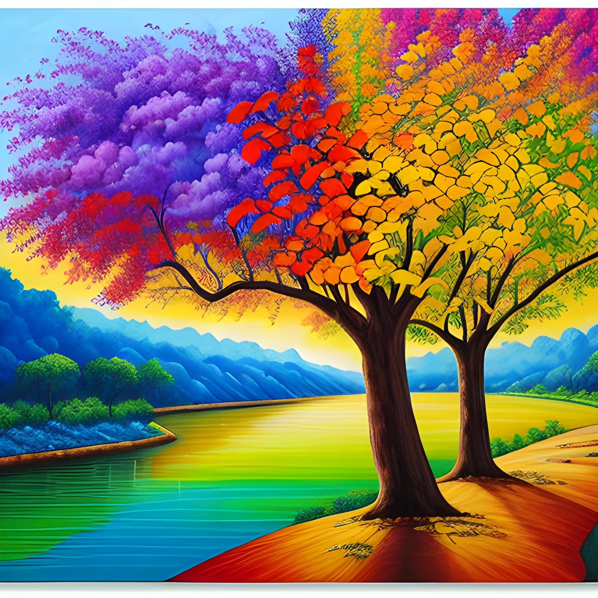 A vibrant painting showcasing the monthly-bearing fruit and healing properties of the trees of life on either side of the river. The artwork conveys the abundance and eternal blessings that await the nations in the new heaven and earth. -ar 1:1 -s 1000 -q 3