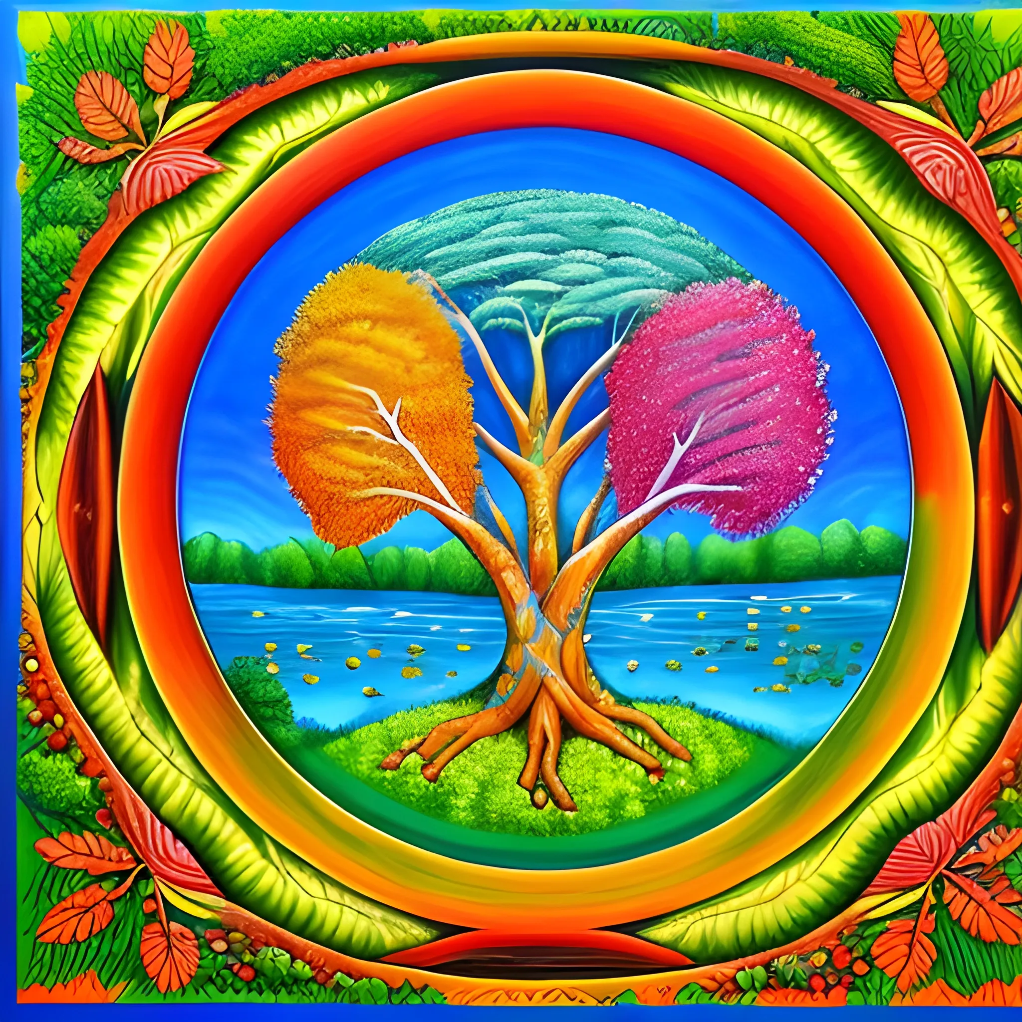 A vibrant painting showcasing the monthly-bearing fruit and healing properties of the trees of life on either side of the river. The artwork conveys the abundance and eternal blessings that await the nations in the new heaven and earth. -ar 1:1 -s 1000 -q 3, 3D