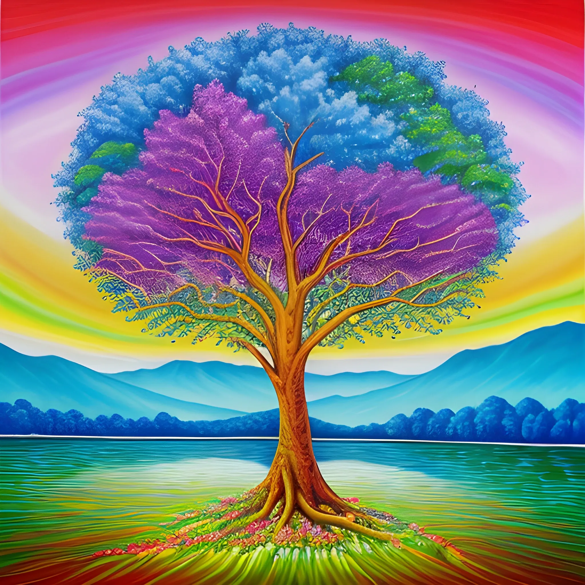  A vibrant painting showcasing the monthly-bearing fruit and healing properties of the trees of life on either side of the river. The artwork conveys the abundance and eternal blessings that await the nations in the new heaven and earth. -ar 1:1 -s 1000 -q 3, Trippy