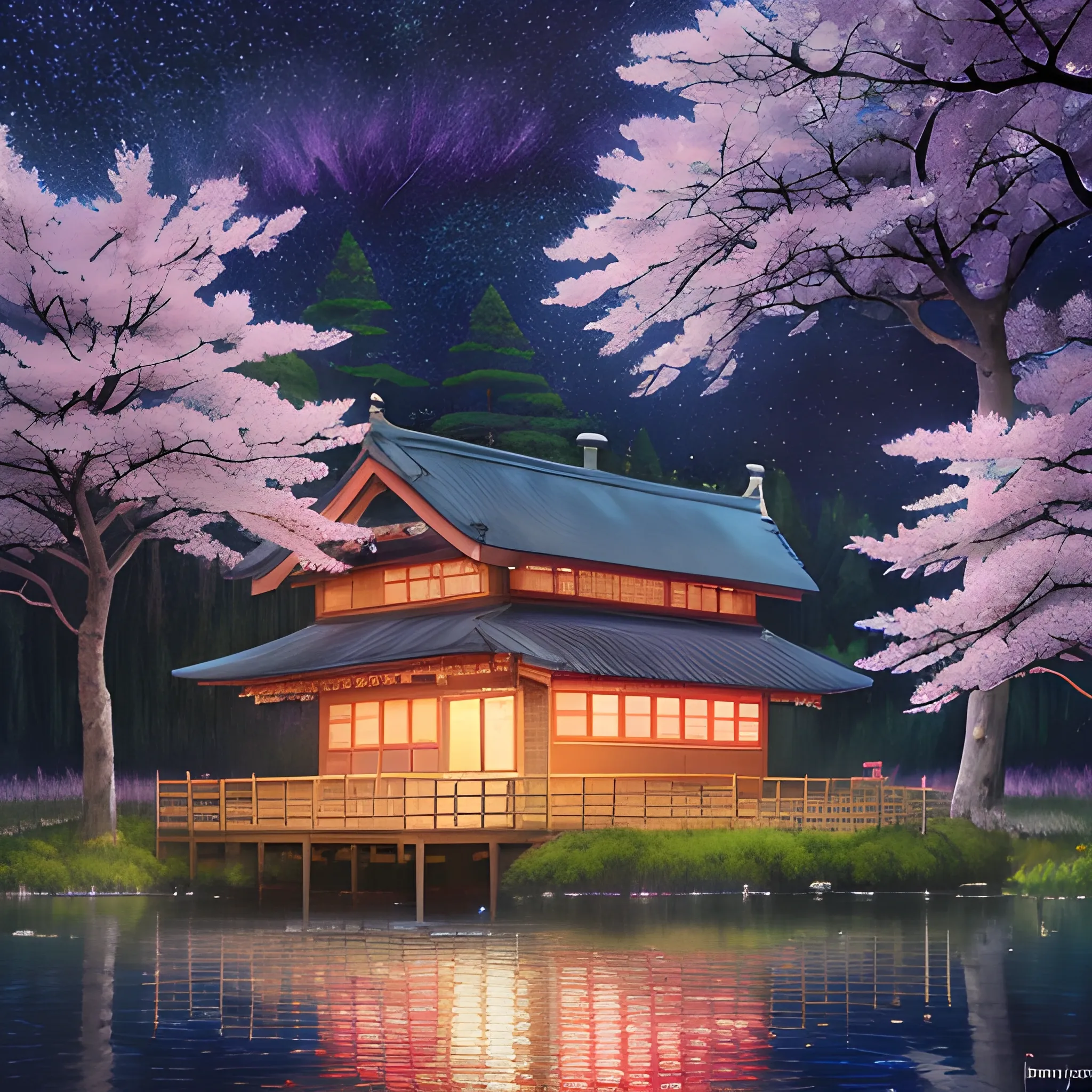 A cabin in Sakura forest by the lake, background blooming Sakura tree forest, colorful aurora lights up the starry night sky, professional majestic oil painting by (Hayao Miyazaki), Ed Blinkey, trending on ArtStation, trending on CGSociety, Intricate, High Detail, Sharp focus, dramatic, photorealistic painting art by midjourney and greg rutkowski