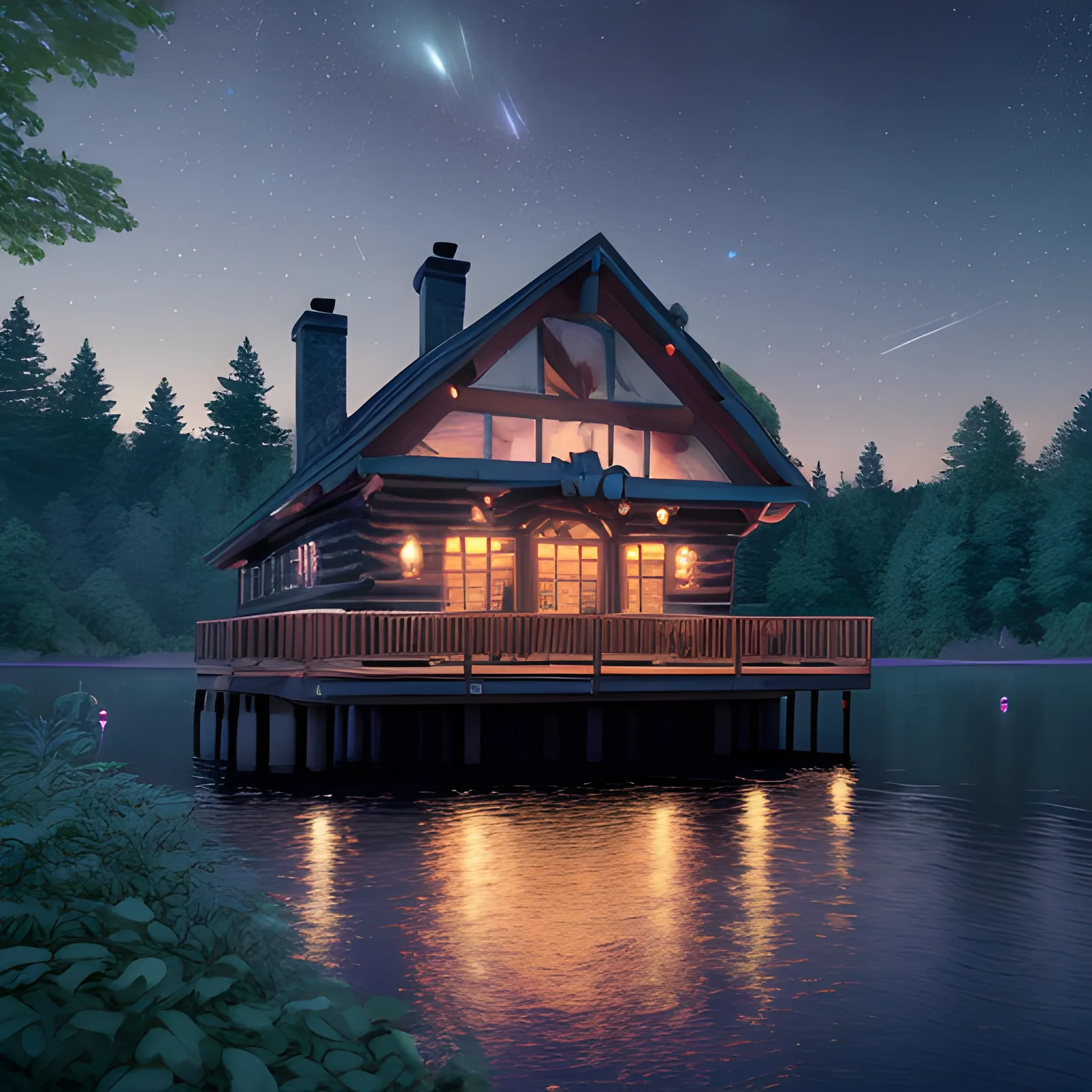 A Urban cityscape with beautiful cottage on a lake , its wooden exterior bathed in neon lights casting gentle rays onto the cabin's porch,Serenely nestled,woodland retreat,rustic simplicity,highly detailed,cinematic lighting.night with lots of stars,forest,full moon,nature wide angle, 8k, colorful, hd, shooting star, muskoka cottage beautiful,uplight,Night sky, HD, Reality,extra detailed,4K, 3D