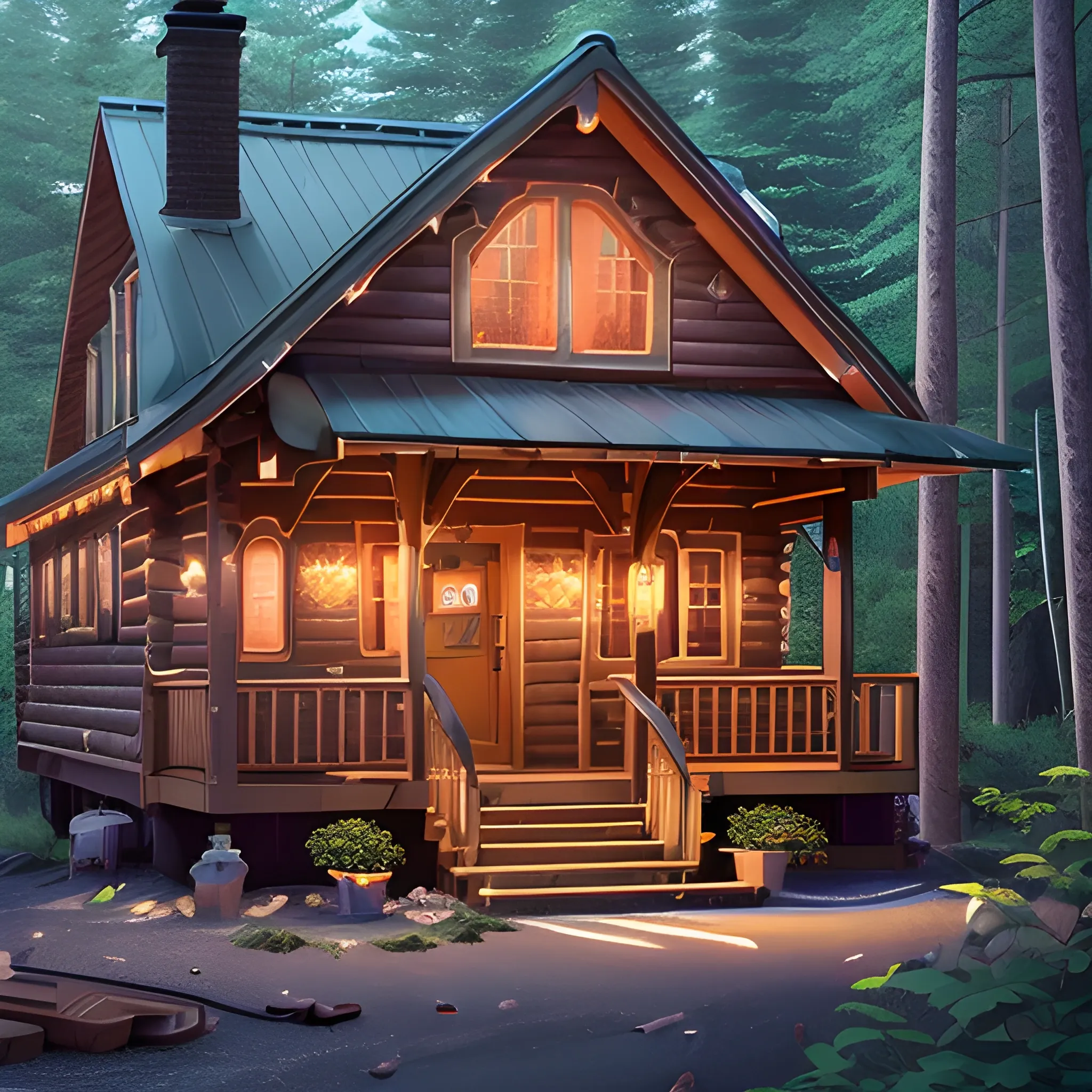 cottage with Urban cityscape,its wooden exterior bathed in neon lights casting gentle rays onto the cabin's porch| (Serenely nestled)| (woodland retreat)| (rustic simplicity)| highly detailed| cinematic lighting.night with lots of stars, wide angle, 8k, colorful, hd, shooting star, muskoka cottage beautiful --s 100 --uplight