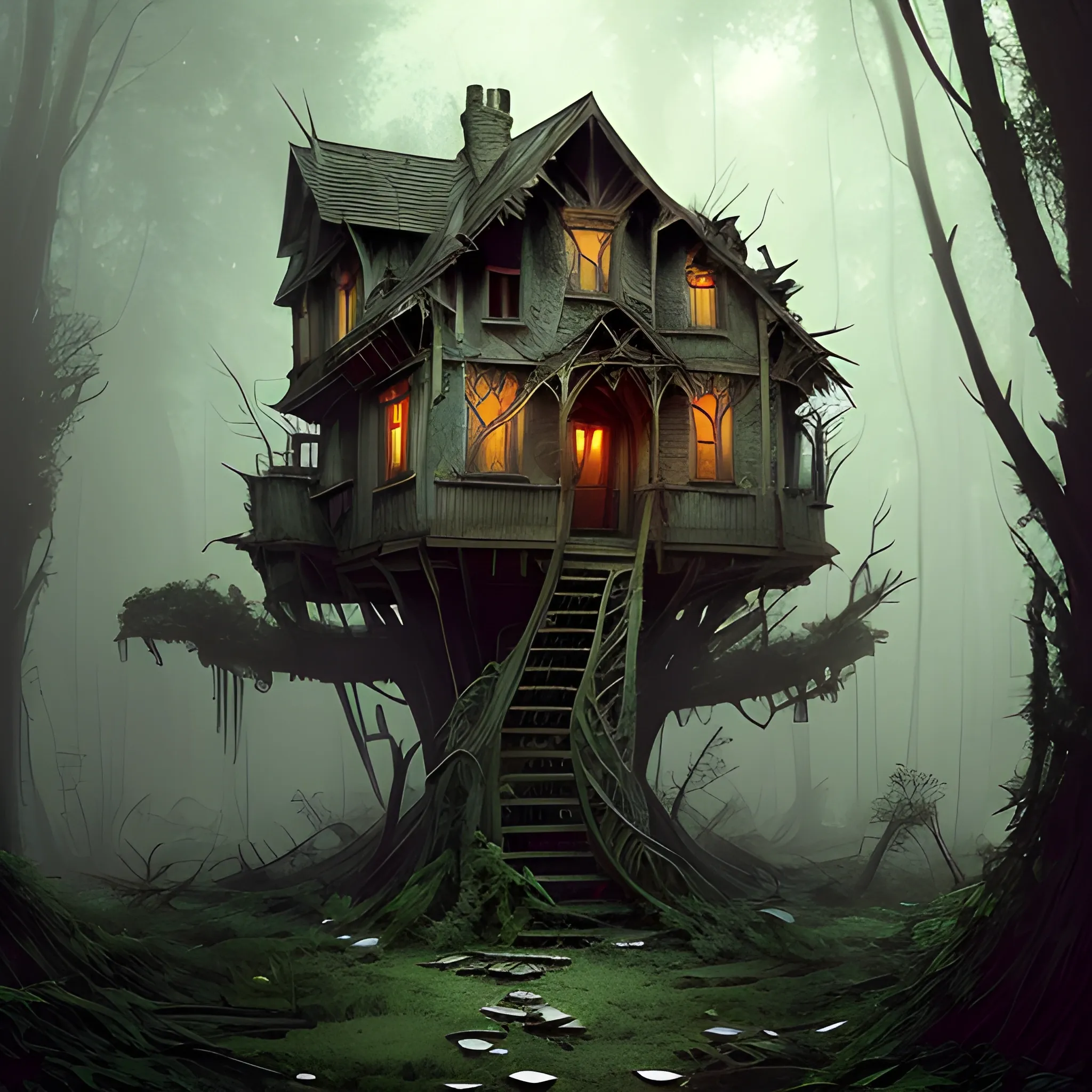 (((dilapidated))), (((abandoned))), broken baba yaga treehouse, in the depths of an eerie forest, tucked within the witchwood forest, overgrown, detailed intricate atmosphere, hd, 4k, digital art, concept art, by greg rutkowski, by loish, complementing colors, Trending on artstation, deviantart beksinski, giger, 3D, 3D