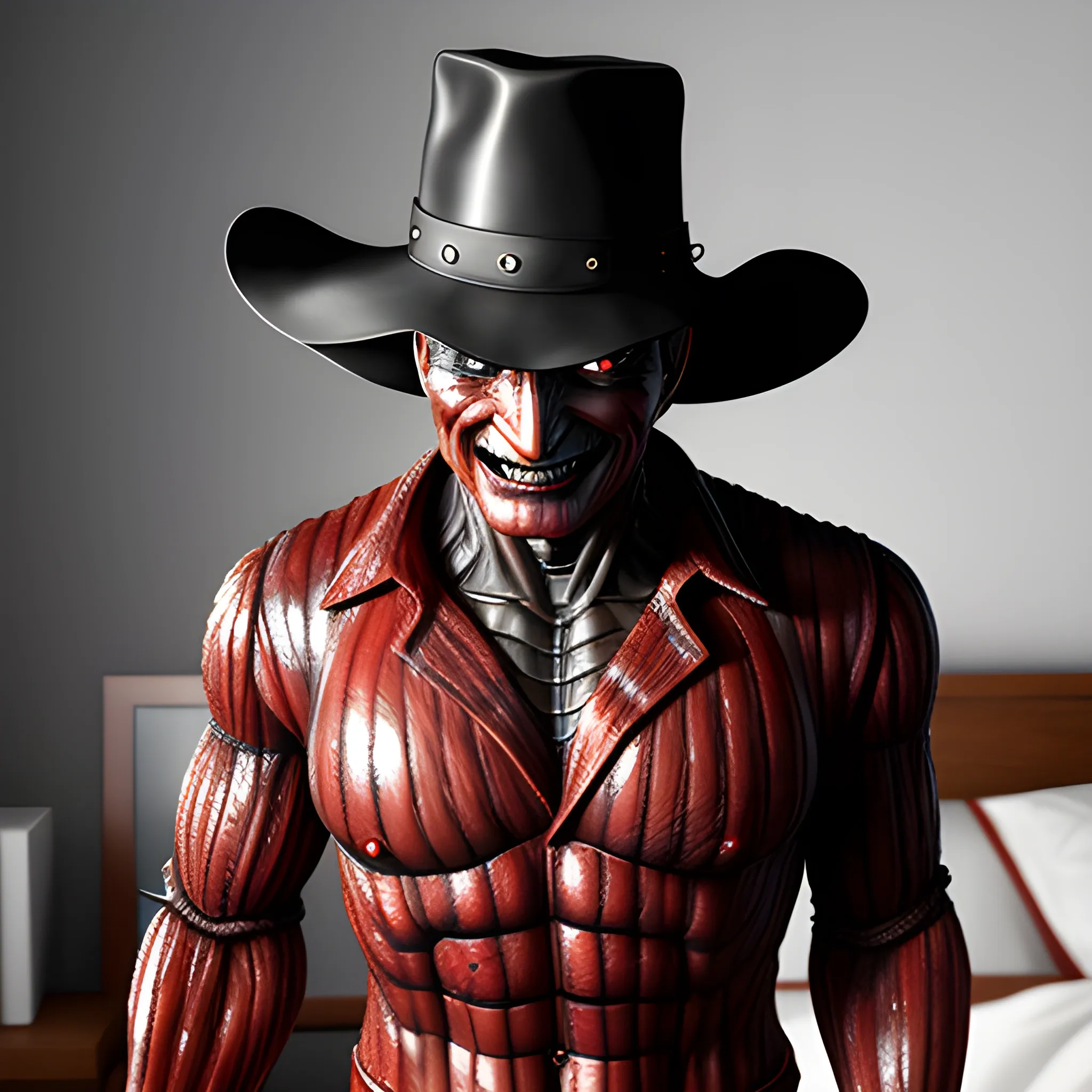 photorealistic image, hi res, 8k clear details, of Freddy Kruger standing at the foot of a kid's bed, ominous smile, dimmed lighting, evil grim