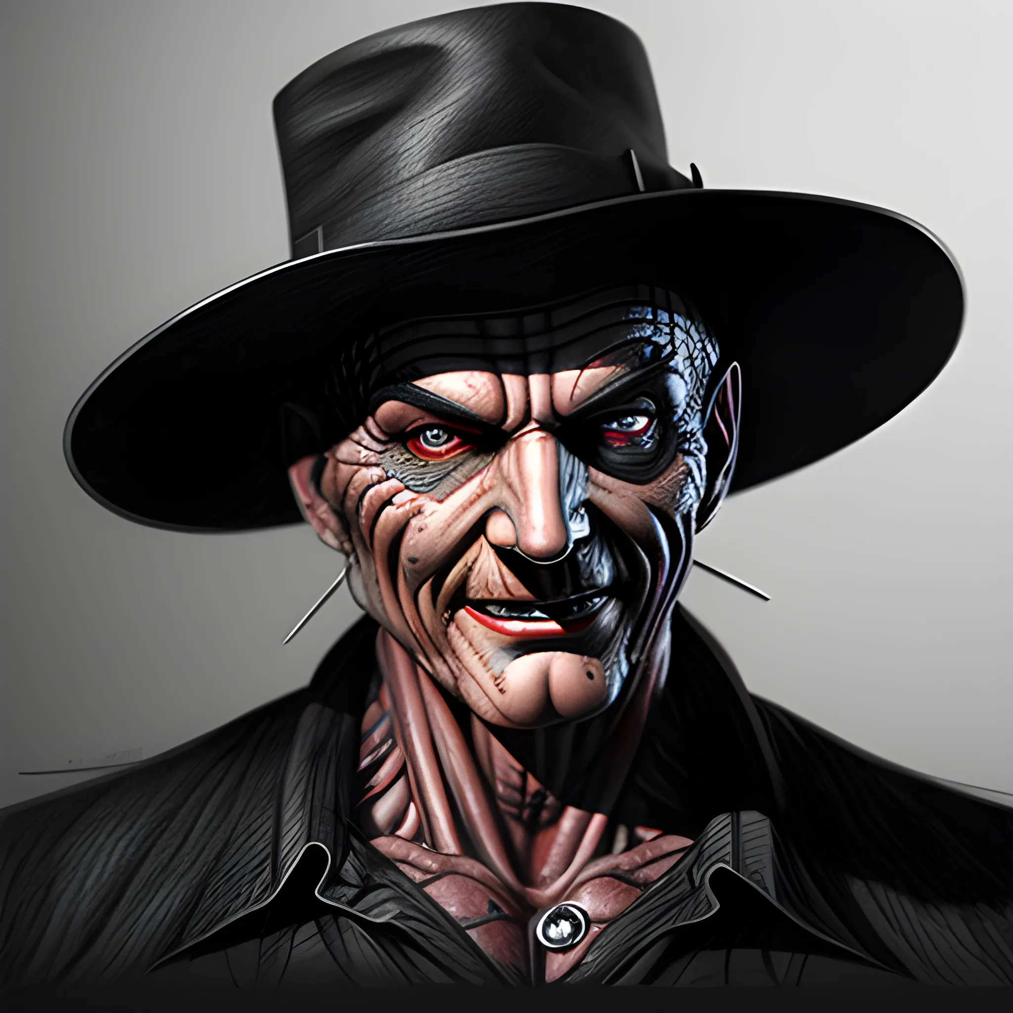 photorealistic image, hi res, 8k clear details, of Freddy Kruger standing at the foot of a kid's bed, kid hiding half face under covers, 
ominous smile, dark lighting, evil grim, Pencil Sketch