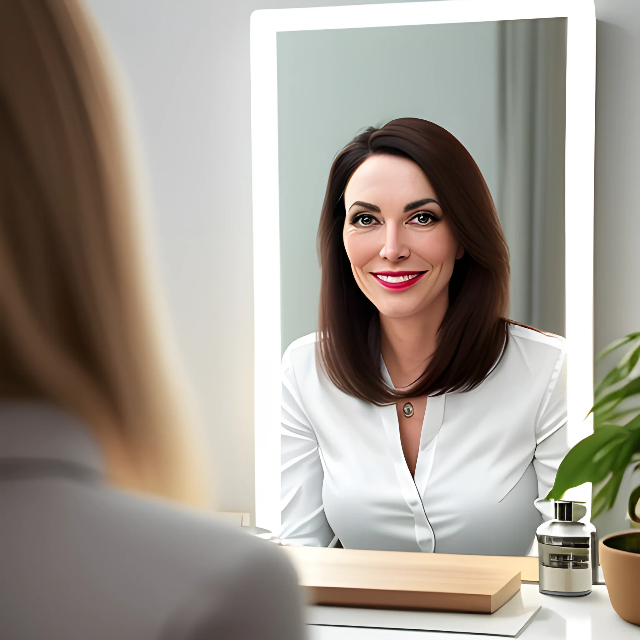 A  girl sitting in front of mirror and smiling 