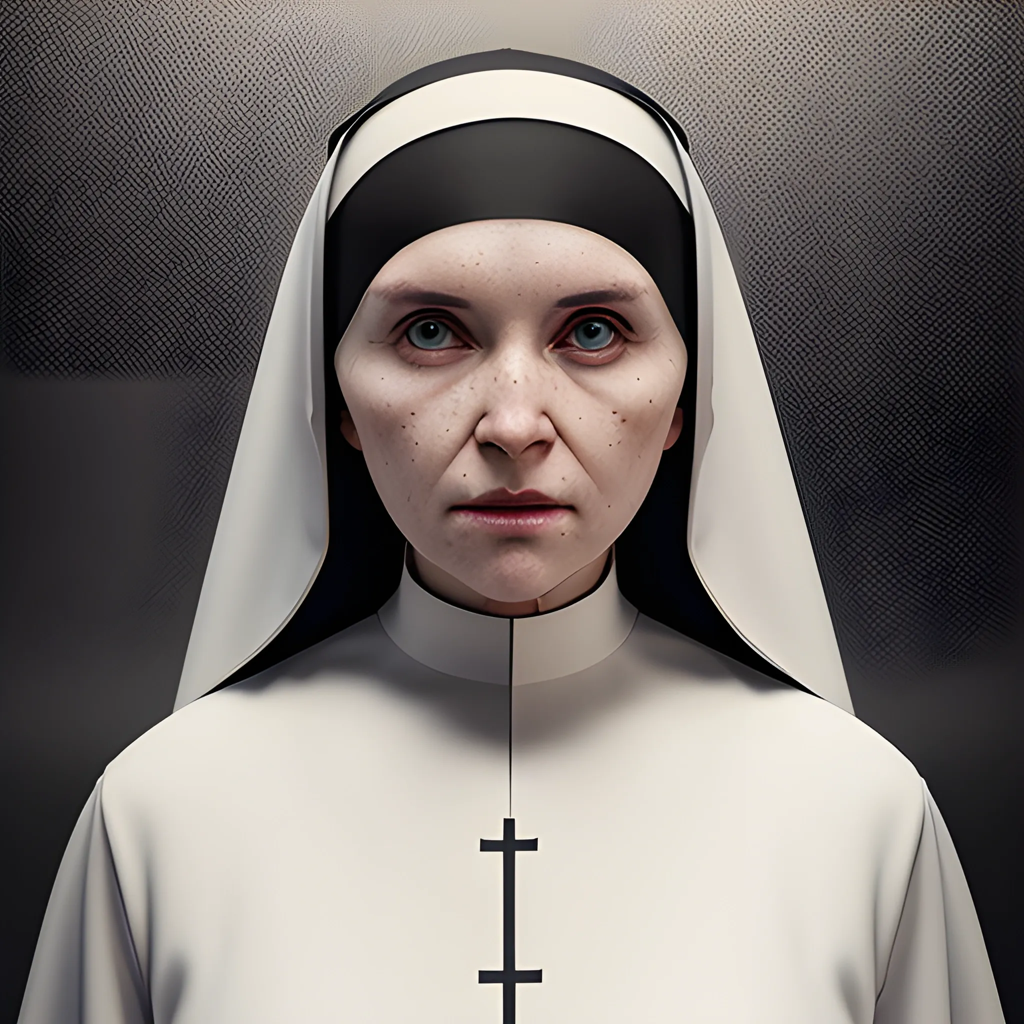  female dressed as nun, toplesss, , , (full body visible), looking at viewer, portrait, photography, detailed skin, realistic, photo-realistic, 8k, highly detailed, full length frame, High detail RAW color art, piercing, diffused soft lighting, shallow depth of field, sharp focus, hyperrealism, cinematic lighting, 3D
