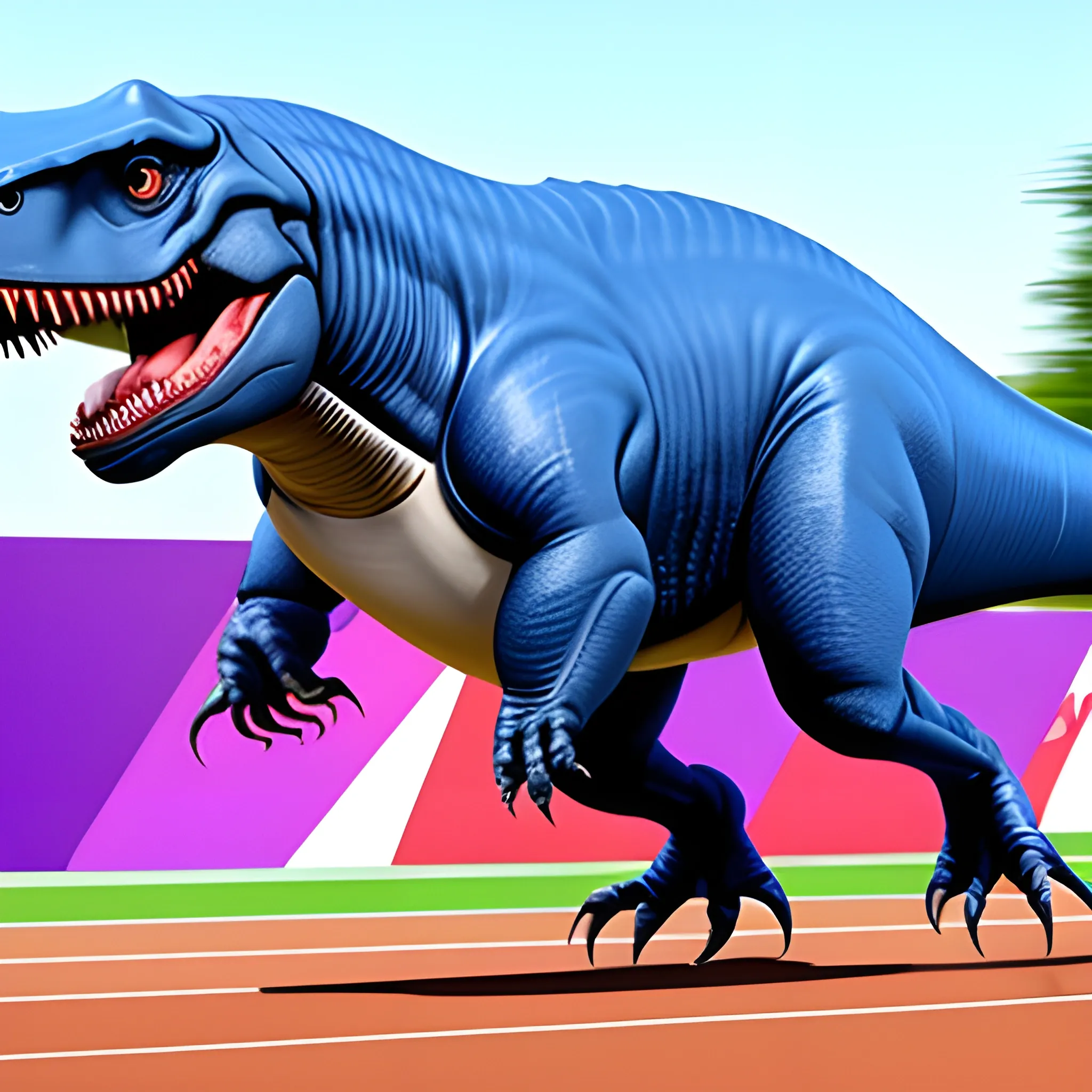 a t-rex playing in olympics 100 meters running game