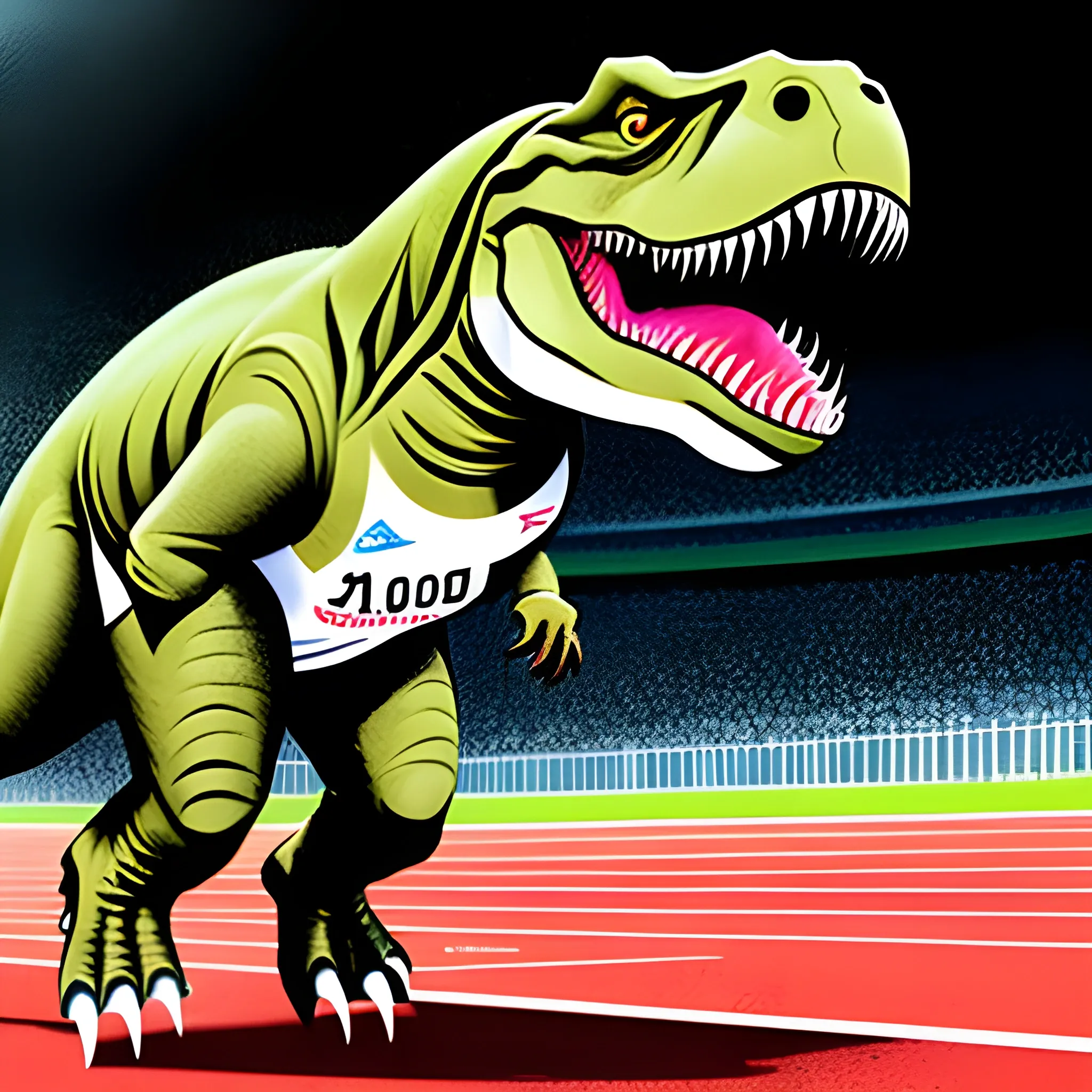 a t-rex playing in olympics 100 meters running game, Cartoon