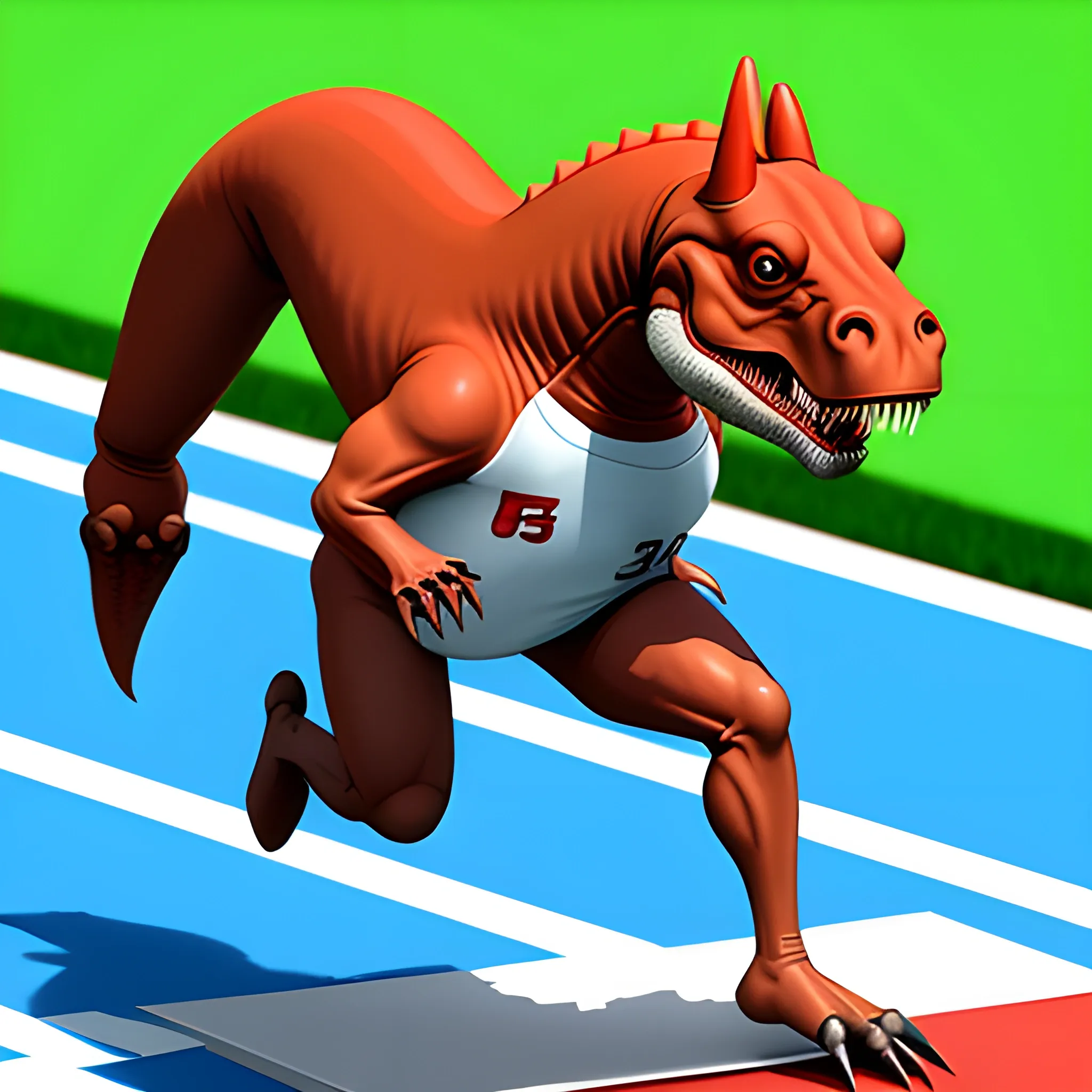 a t-rex playing in olympics 100 meters running game, Cartoon, 3D