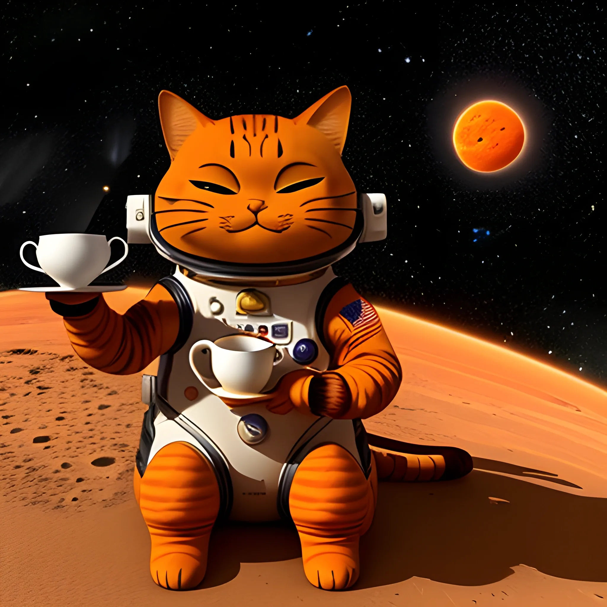 A cat drinking tea on Mars wears a NASA space suit, the tea set consists of a teapot and two teacups, the Martian sky is orange, the sun is small, and the cat is Garfield