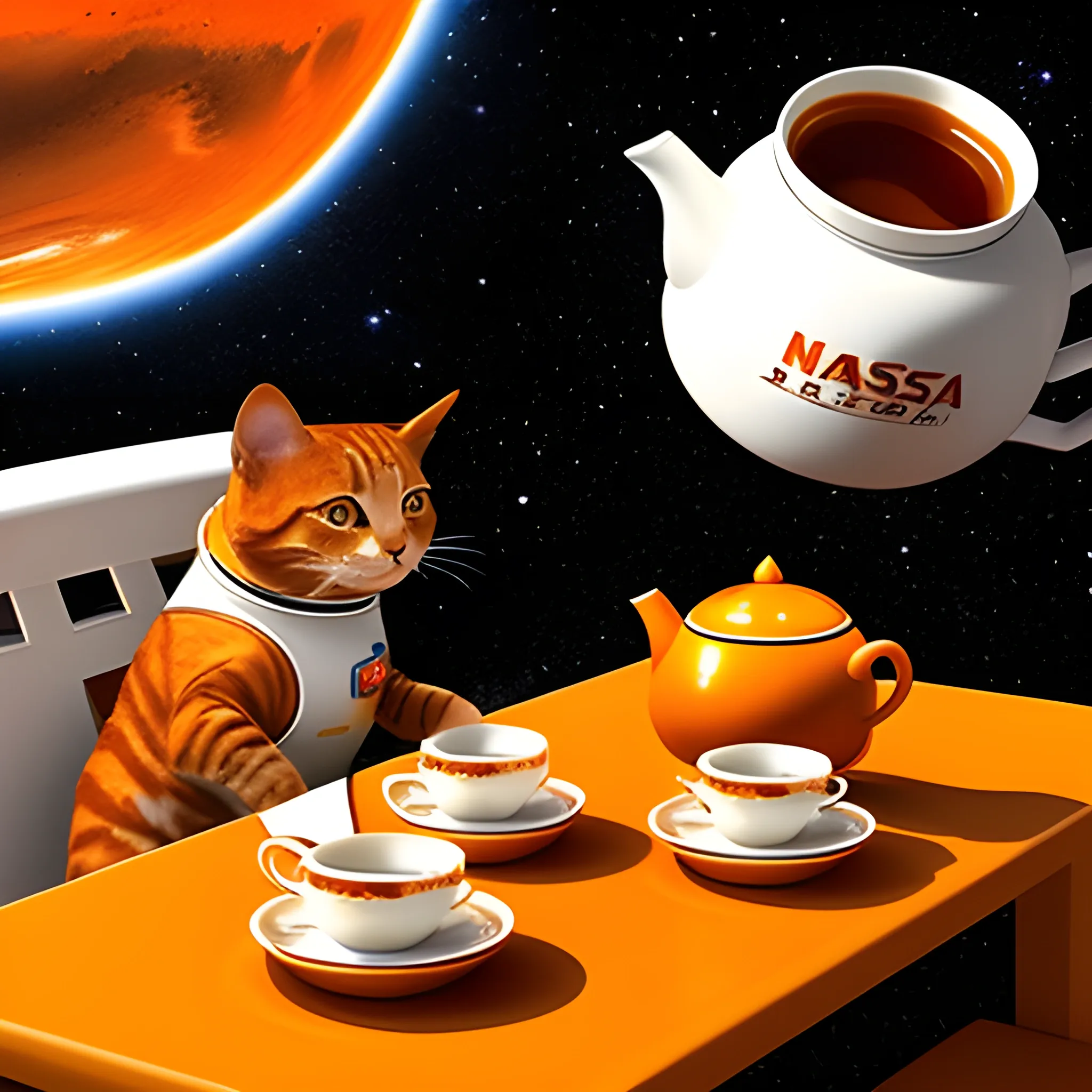 A cat drinking tea on Mars wears a NASA space suit, the cat sits at the table, white table. there are one teapot and two teacups (all white) on the table, the Martian sky is orange, the sun is small, and the cat is Garfield 