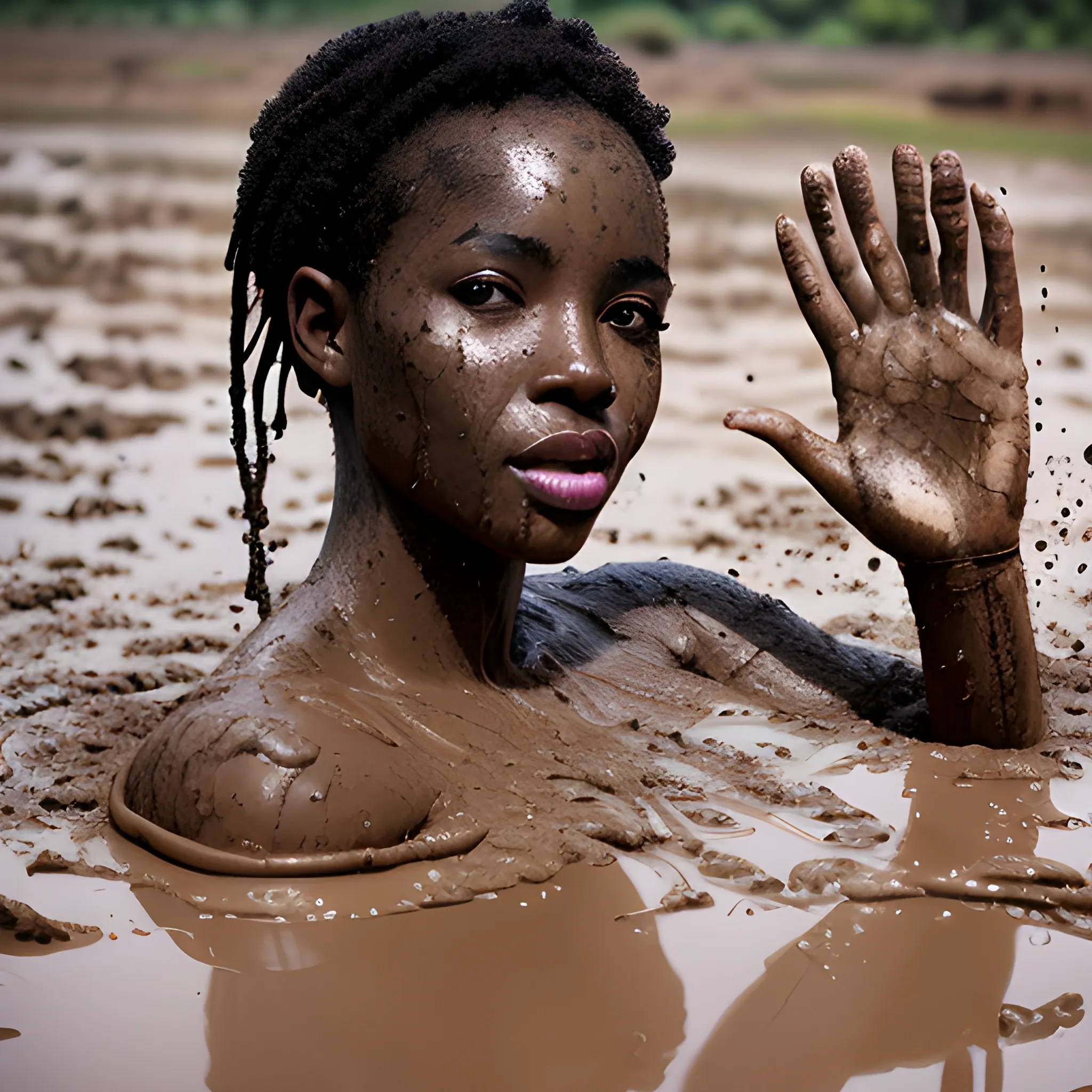 
beautiful naked black woman playing in a mud puddle in Africa crowded city, taken on a Canon EOS R5 F1.2 ISO100 35MM --ar 4:3 --s 750 --q 2, Trippy, Water Color